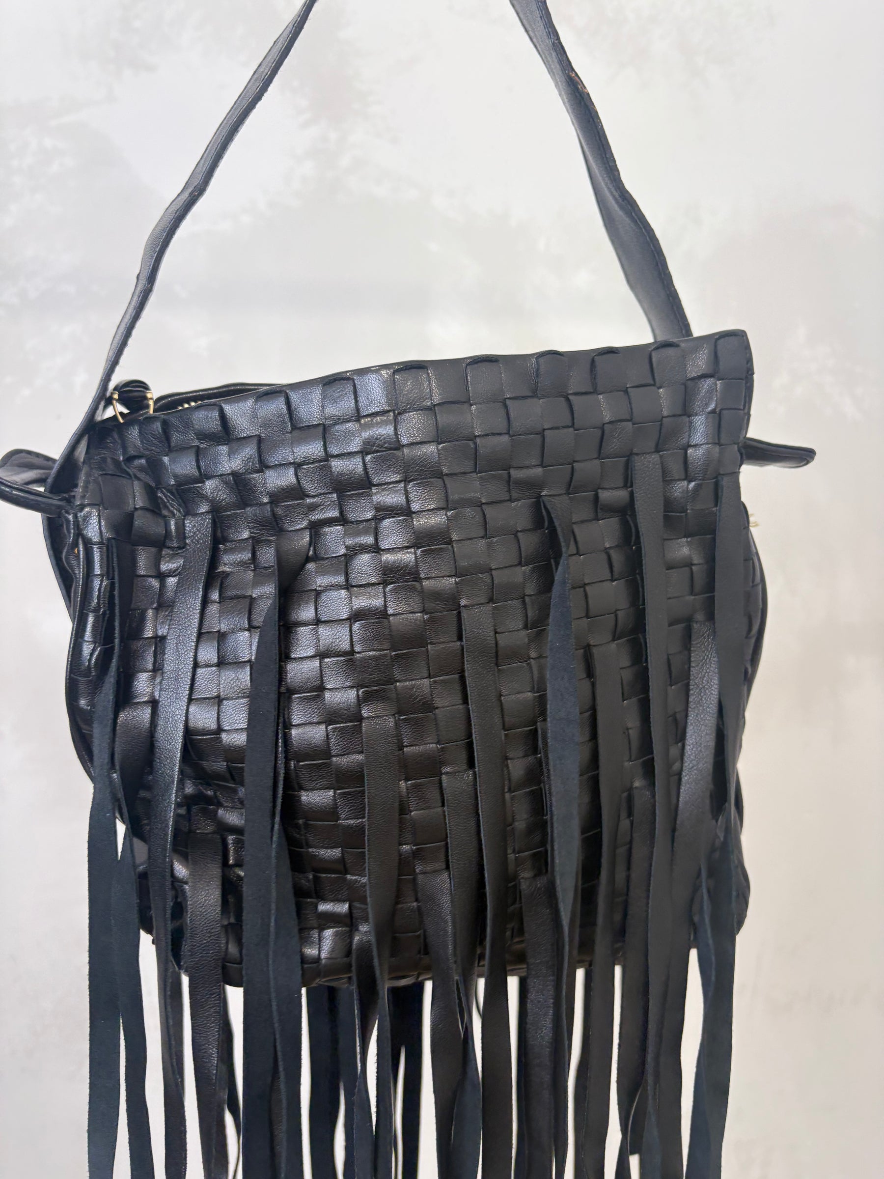 Bottega Veneta Black Intrecciato Fringed Leather Shoulder Bag