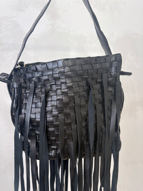 Bottega Veneta Black Intrecciato Fringed Leather Shoulder Bag