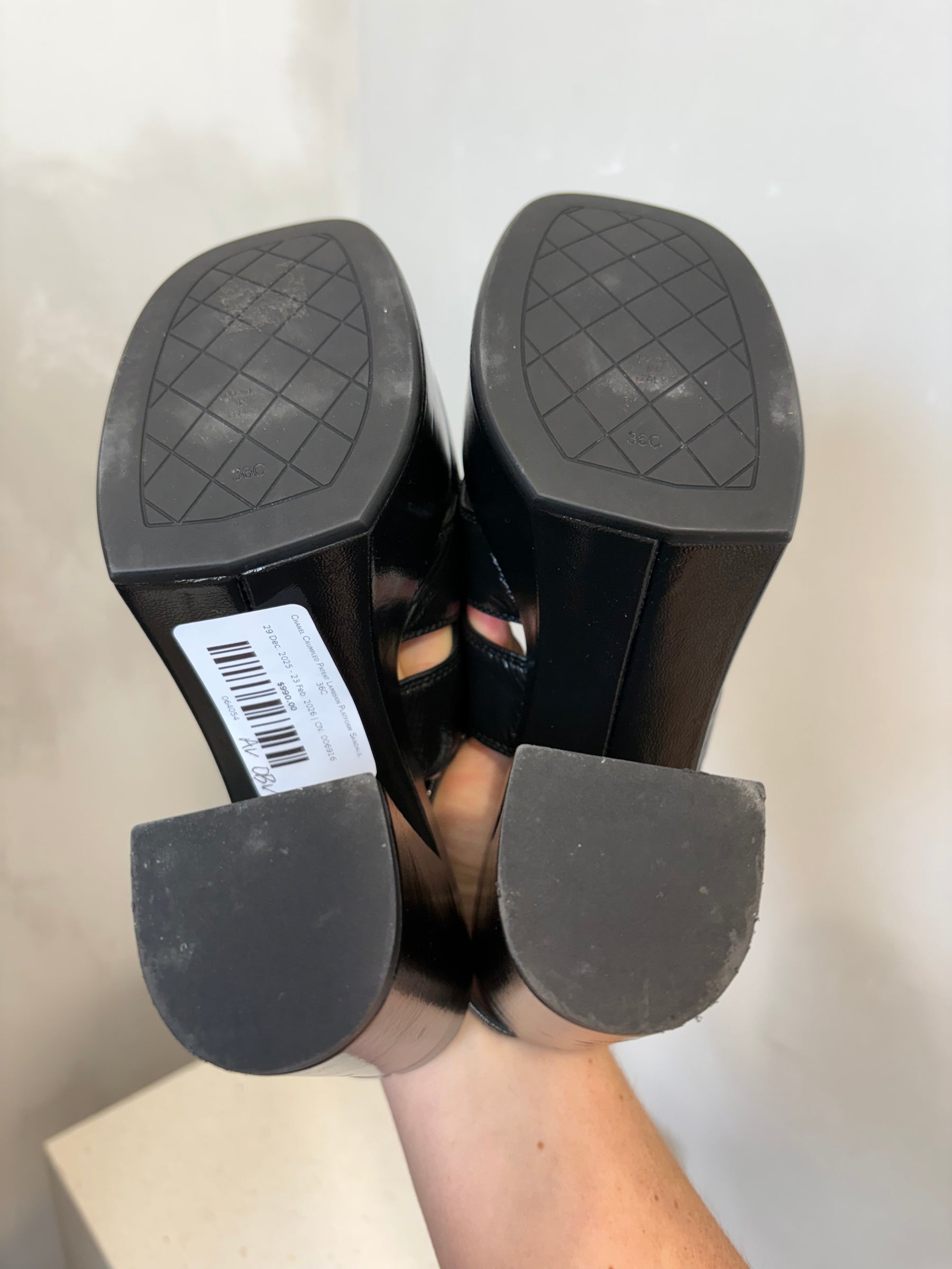 Chanel Crumpled Patent Lambskin Platform Sandals, 36C