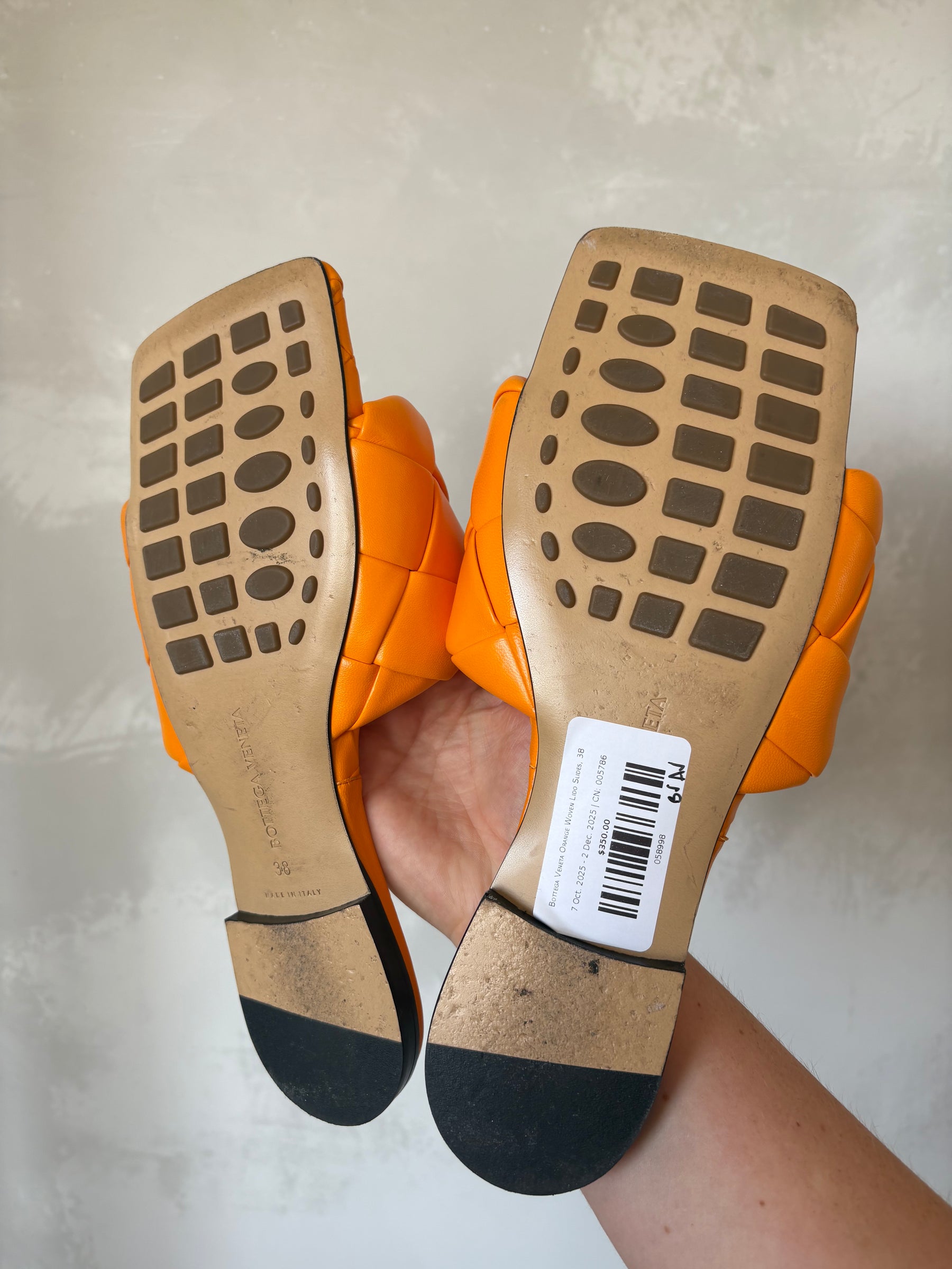 Bottega Veneta Orange Woven Lido Slides, 38