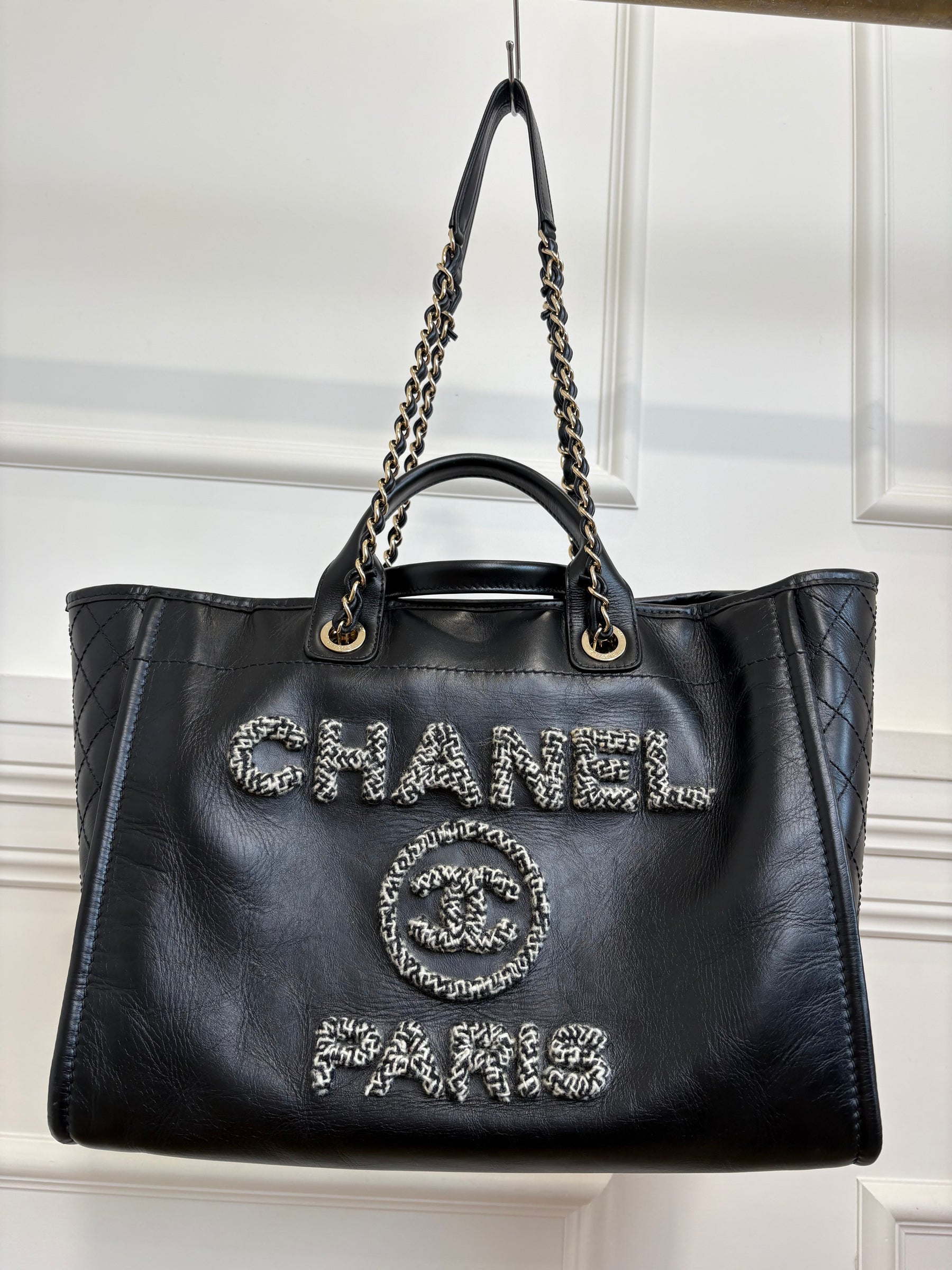 Chanel Black Leather Deauville with Tweed Logo and Lining