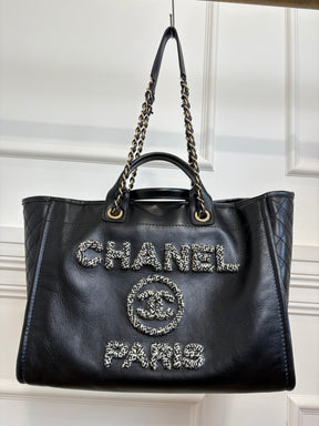 Chanel Black Leather Deauville with Tweed Logo and Lining