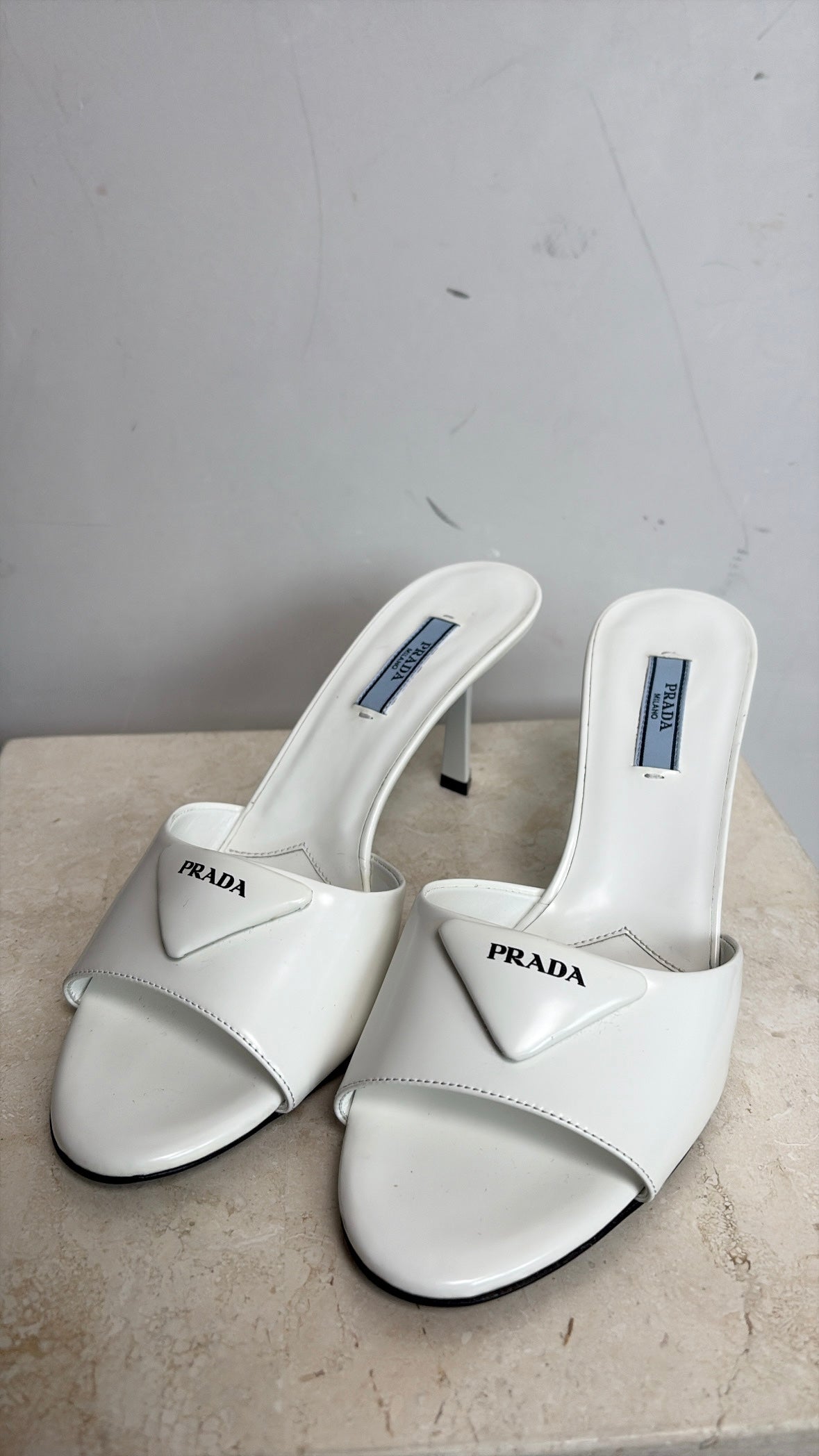 Prada White Leather Symbole Heeled Mules, 38.5