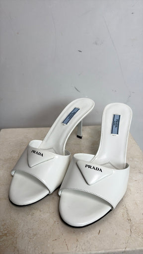 Prada White Leather Symbole Heeled Mules, 38.5