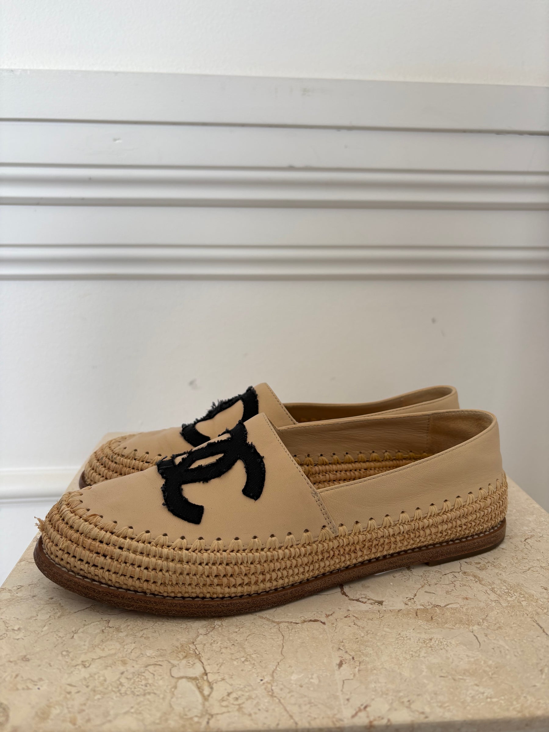 Chanel Beige Leather and Raffia Loafer, 37
