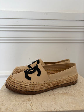 Chanel Beige Leather and Raffia Loafer, 37