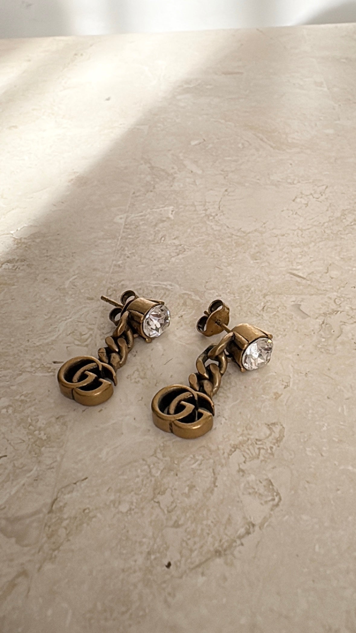 Gucci Brass Crystal logo Drop Stud Earrings