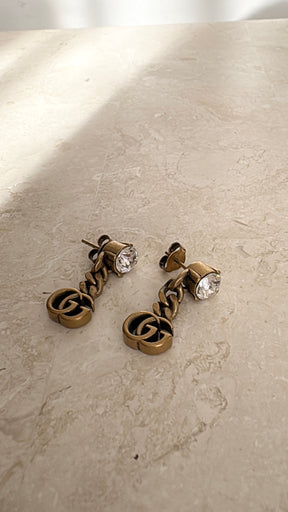 Gucci Brass Crystal logo Drop Stud Earrings