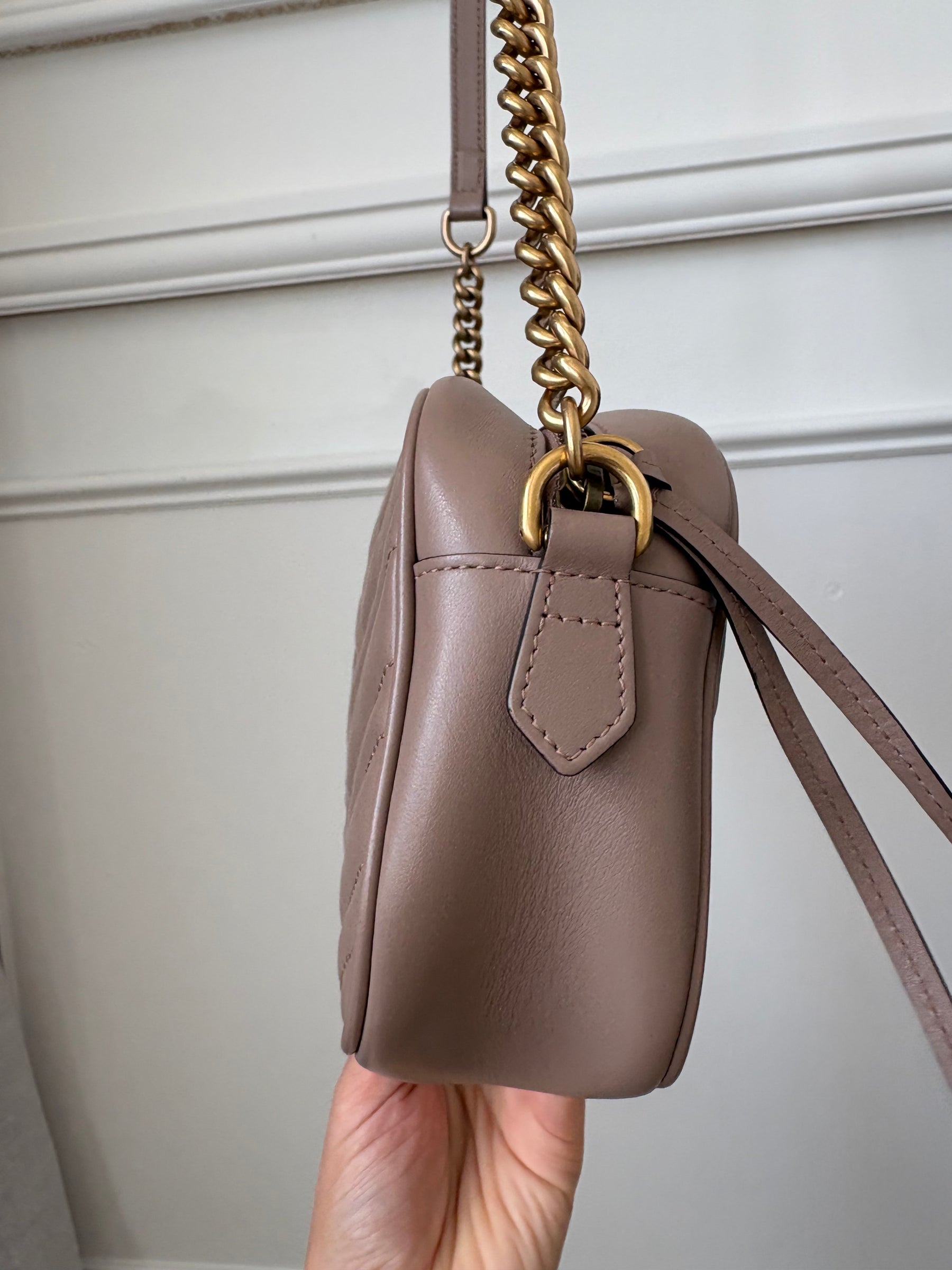 Gucci Dark Beige Chevron Quilted Marmont Camera Bag