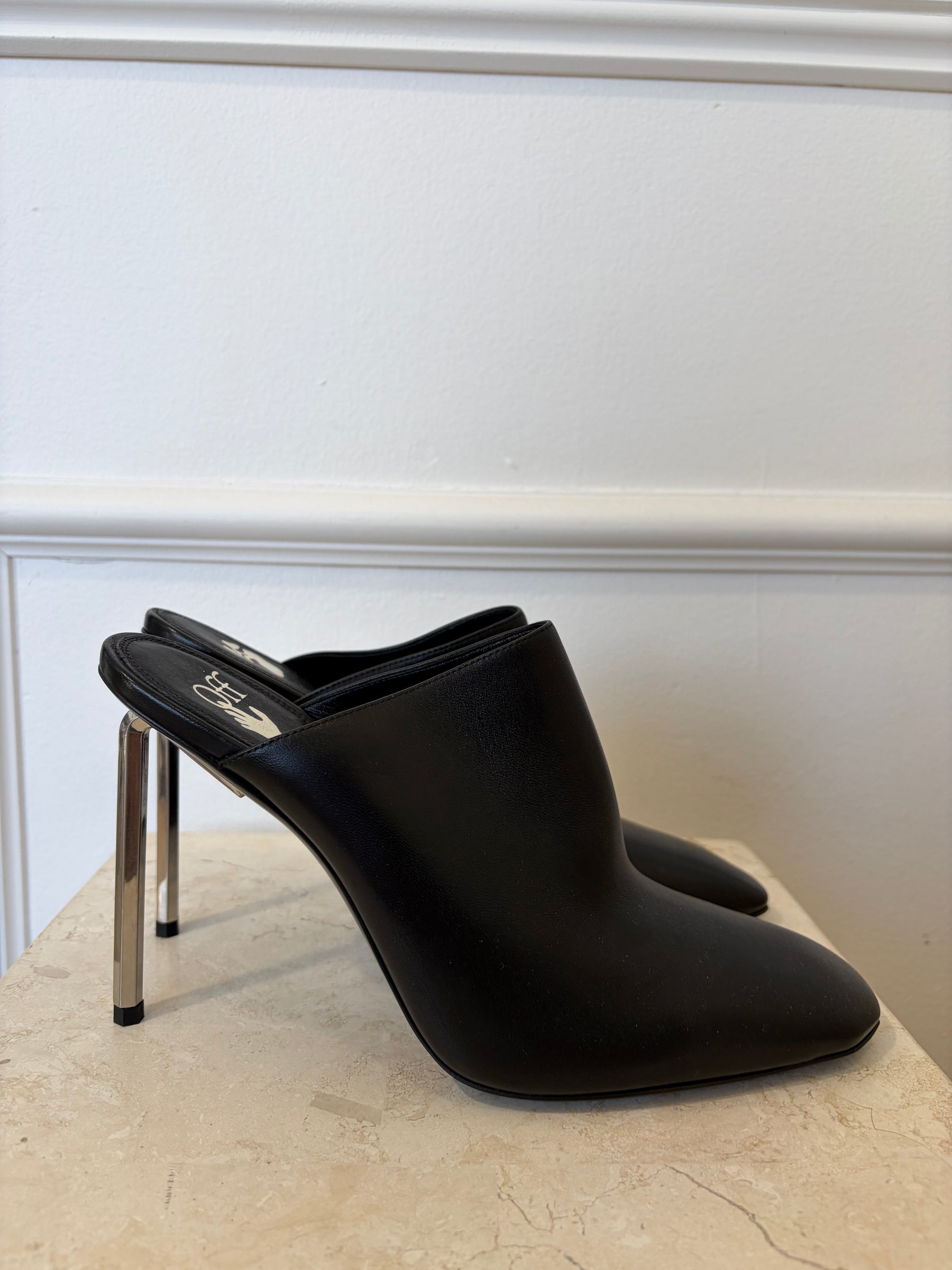 Off White Allen Square Toe Sabot Mules Black Silver, 40