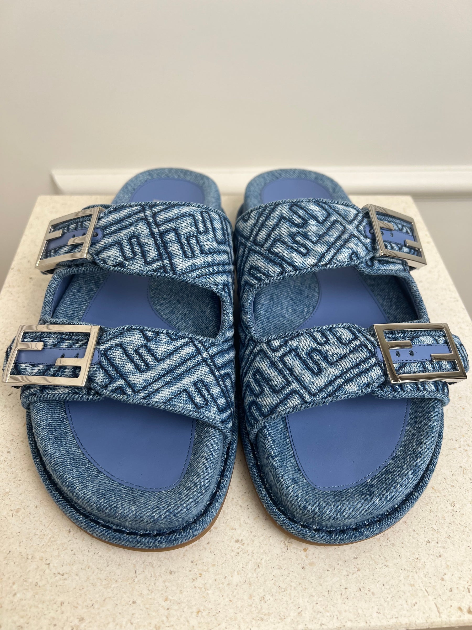 Fendi Blue Denim FF Logo Slides, 37