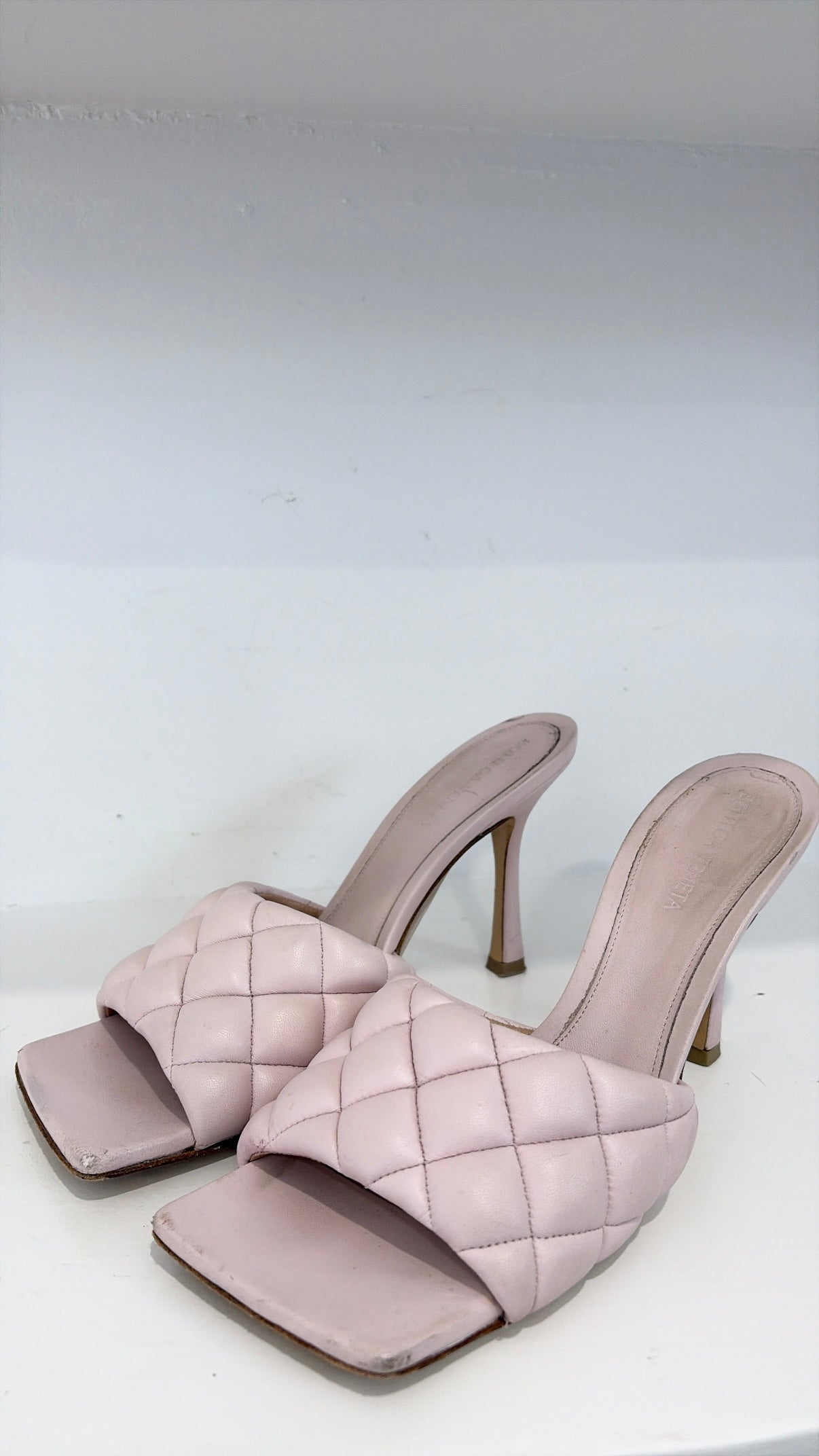 Bottega Veneta Light Pink Quilted Lido Mules, 38.5