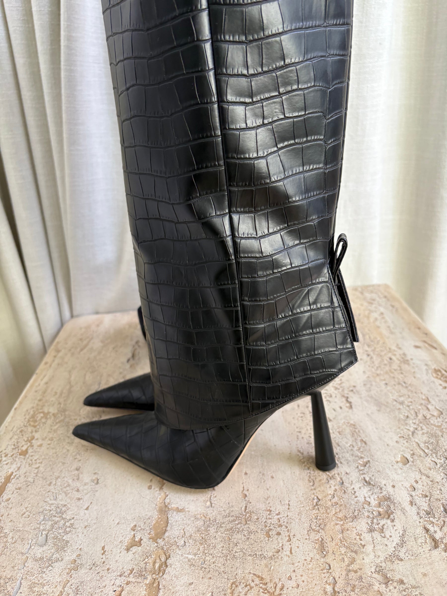 Gia Borghini Black Croc Embossed Heeled Knee High Boots, 40