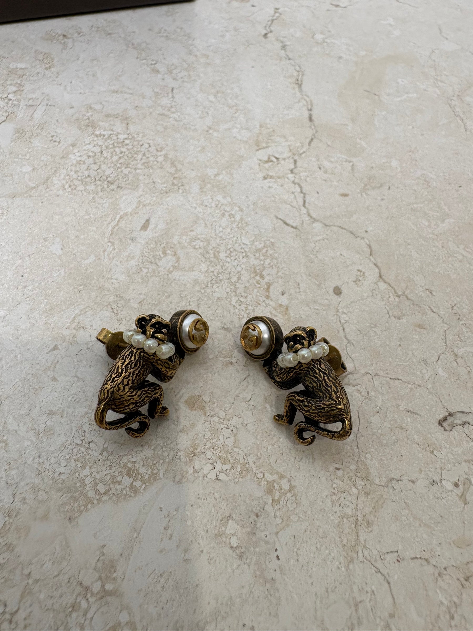 Gucci Gold Tone and Pearl Monkey Stud Earrings