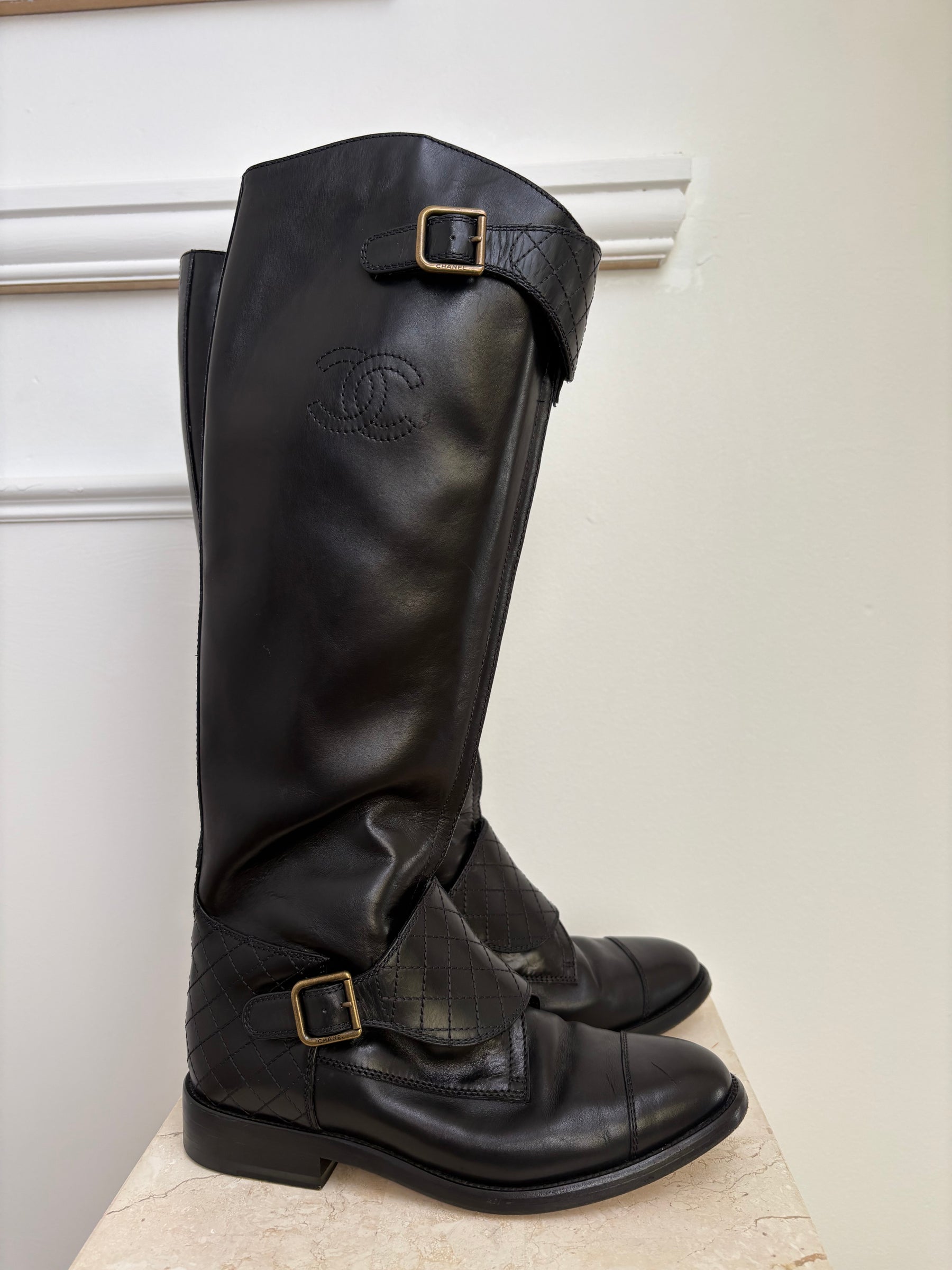 Chanel Black Leather Logo Zipped Front Riding Boots, 39