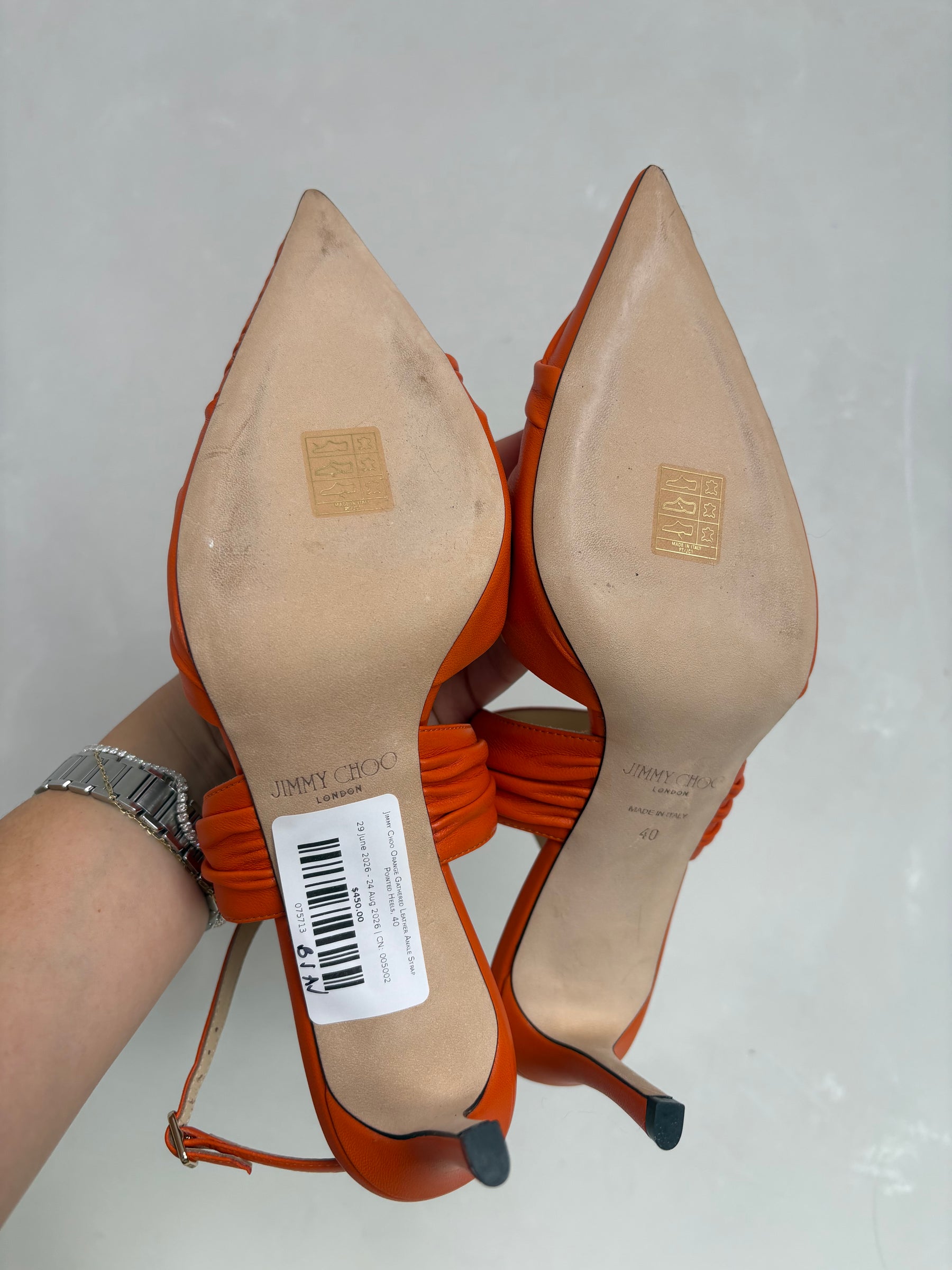 Jimmy Choo Orange Gathered Leather Ankle Strap Pointed Heels, 40