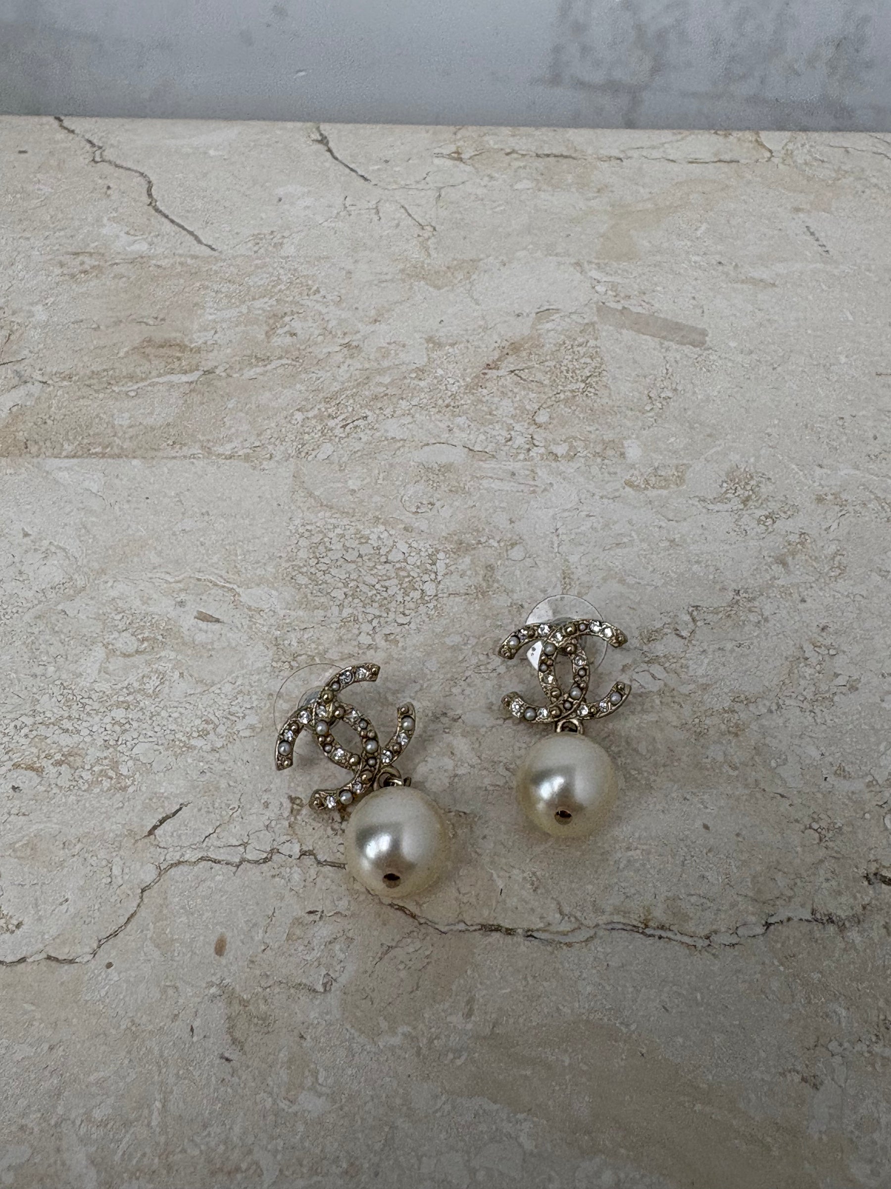 Chanel Gold and Crystal CC Pearl Drop Earrings