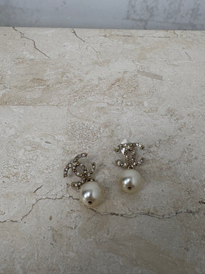 Chanel Gold and Crystal CC Pearl Drop Earrings