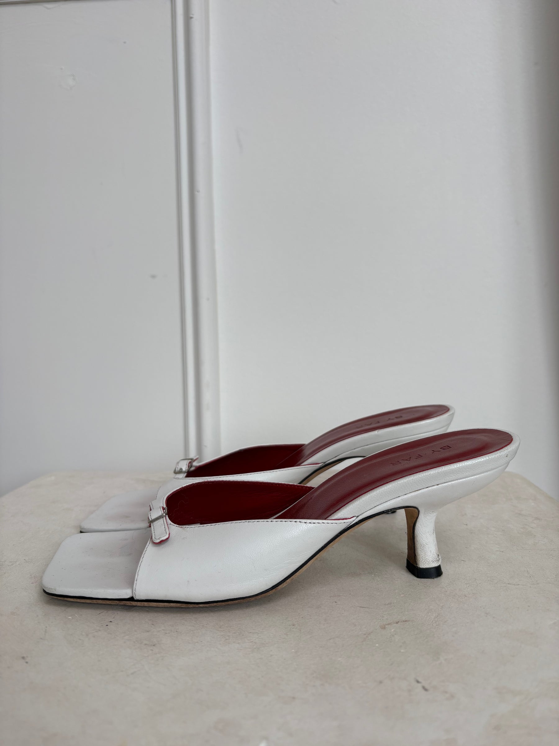By Far Cream Leather Buckle Mule, 38
