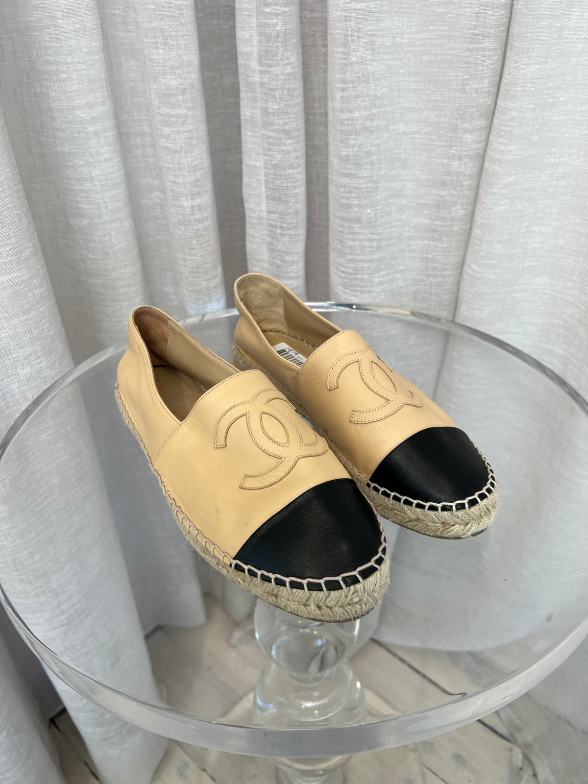 Chanel Beige and Black Leather Logo Espadrilles, 40