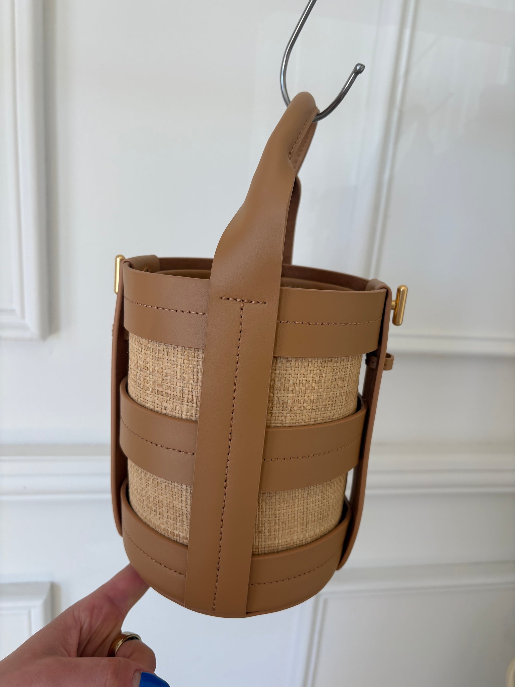 Oroton Beige Leather and Raffia Top Handle Bucket Bag