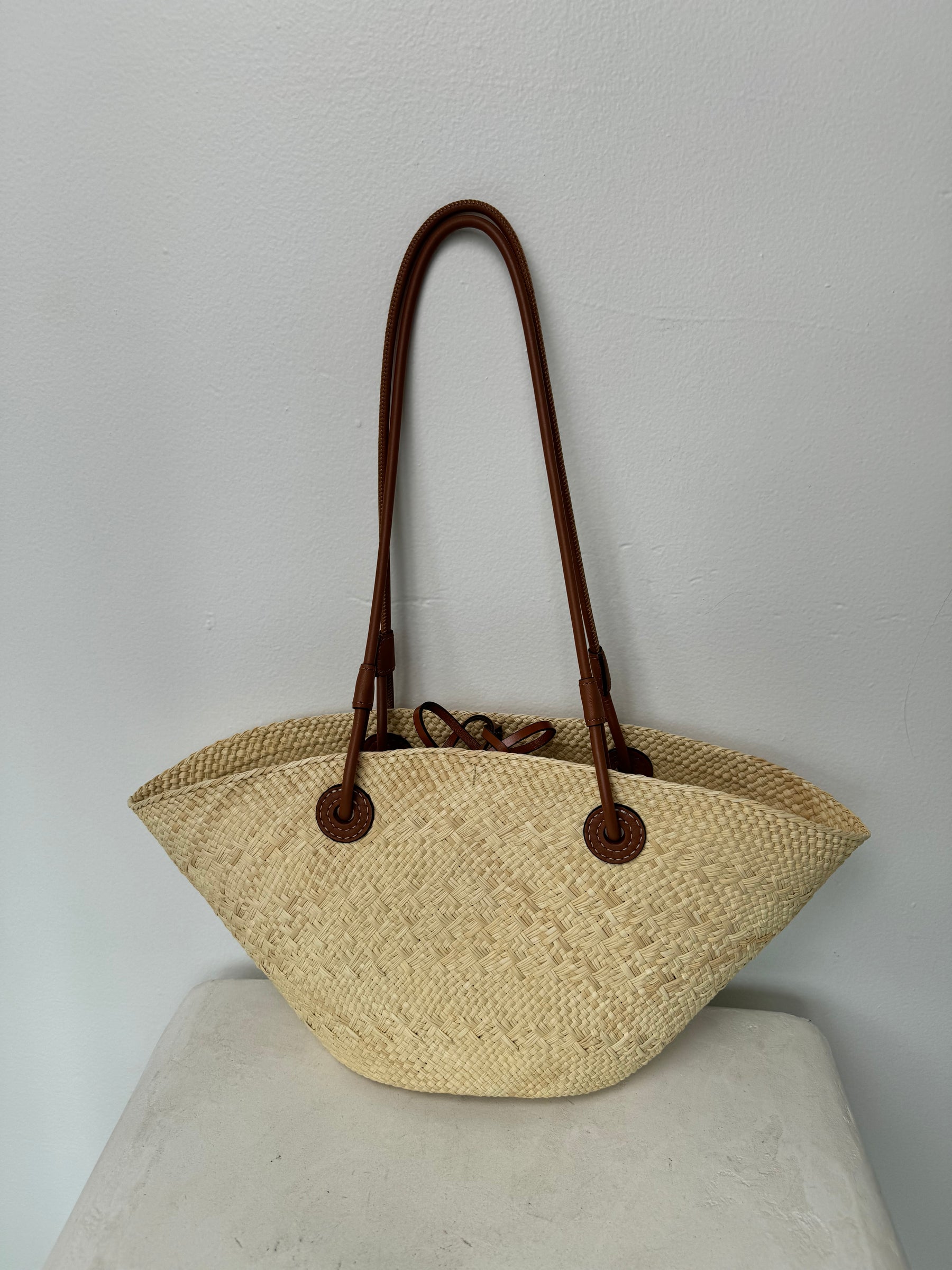Loewe Paula's Ibiza Anagram Small Leather Trimmed Woven Raffia Tote