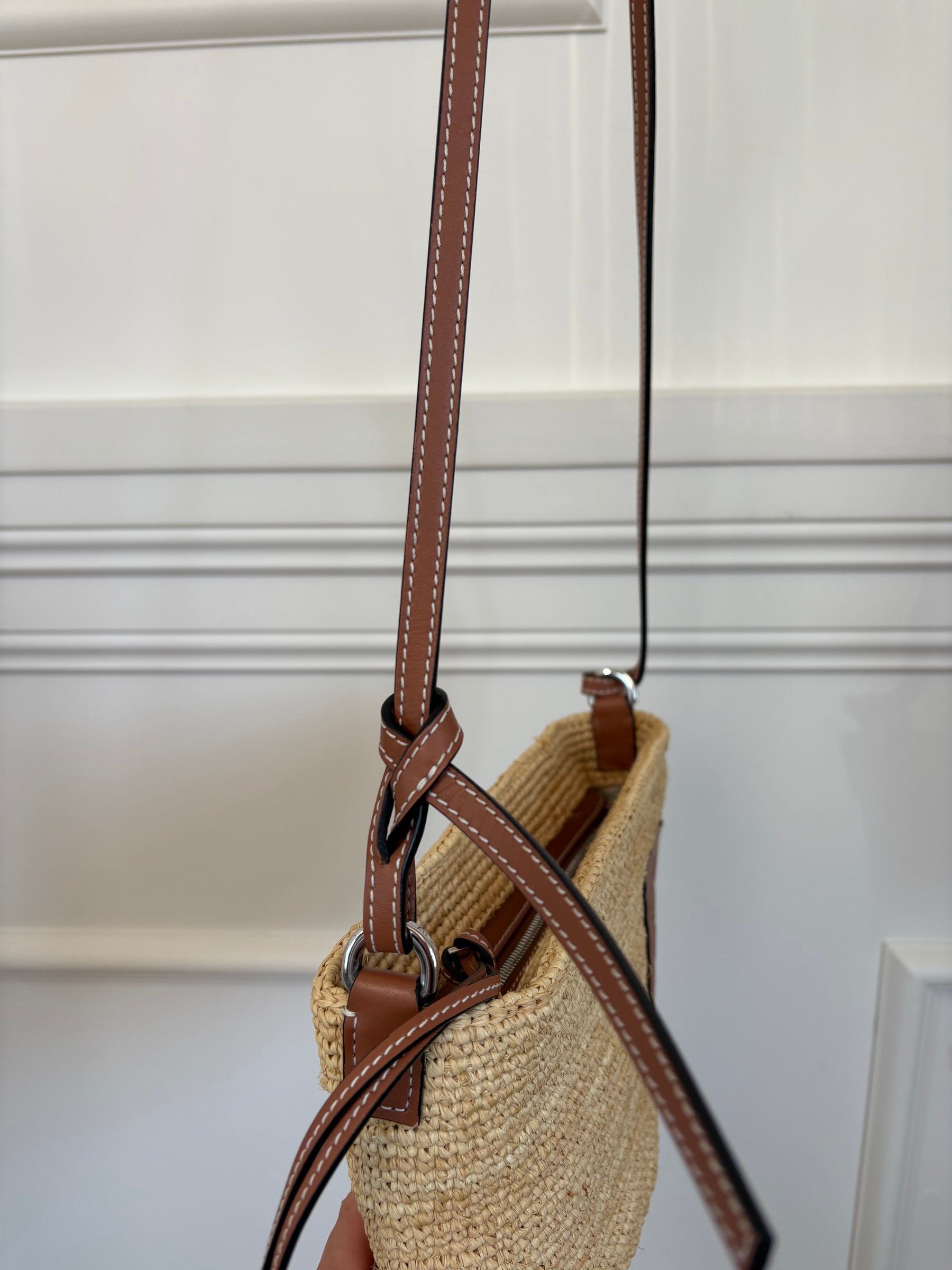 Loewe Raffia and Tan Leather Slit Pochette Crossbody Bag