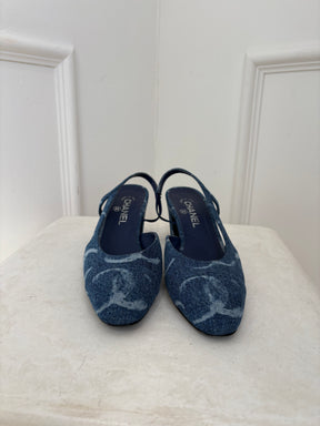 Chanel Blue Denim Logo Slingbacks, 40.5 C
