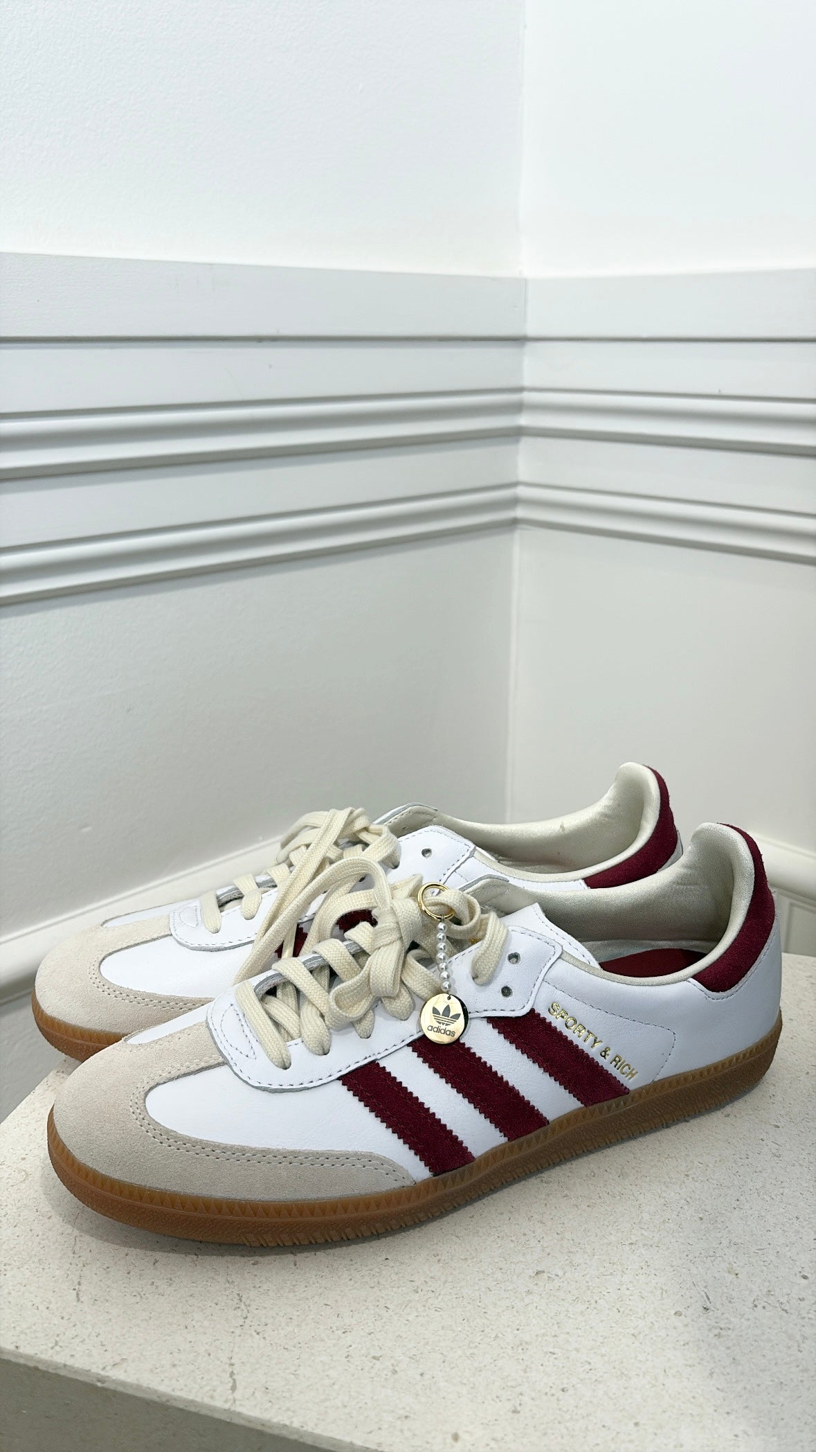 Adidas x Sporty and Rich White Leather and Maroon Samda Sneakers, 8 US
