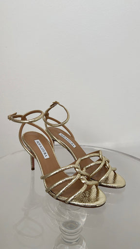 Aquazzura Gold Metallic Textured Leather Ankle Strap Heels, 37