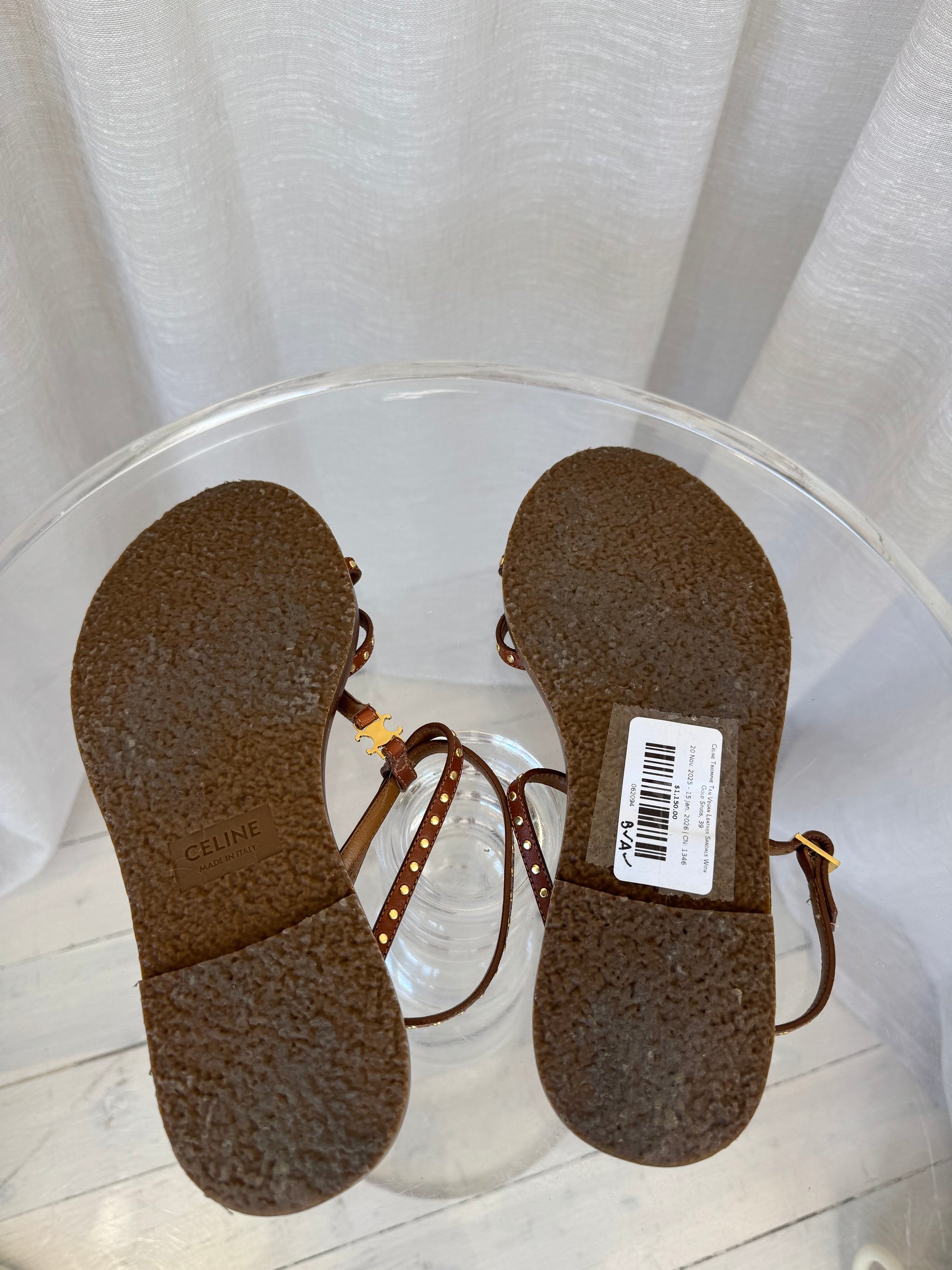 Celine Triomphe Tan Vegan Leather Sandals With Gold Studs, 39