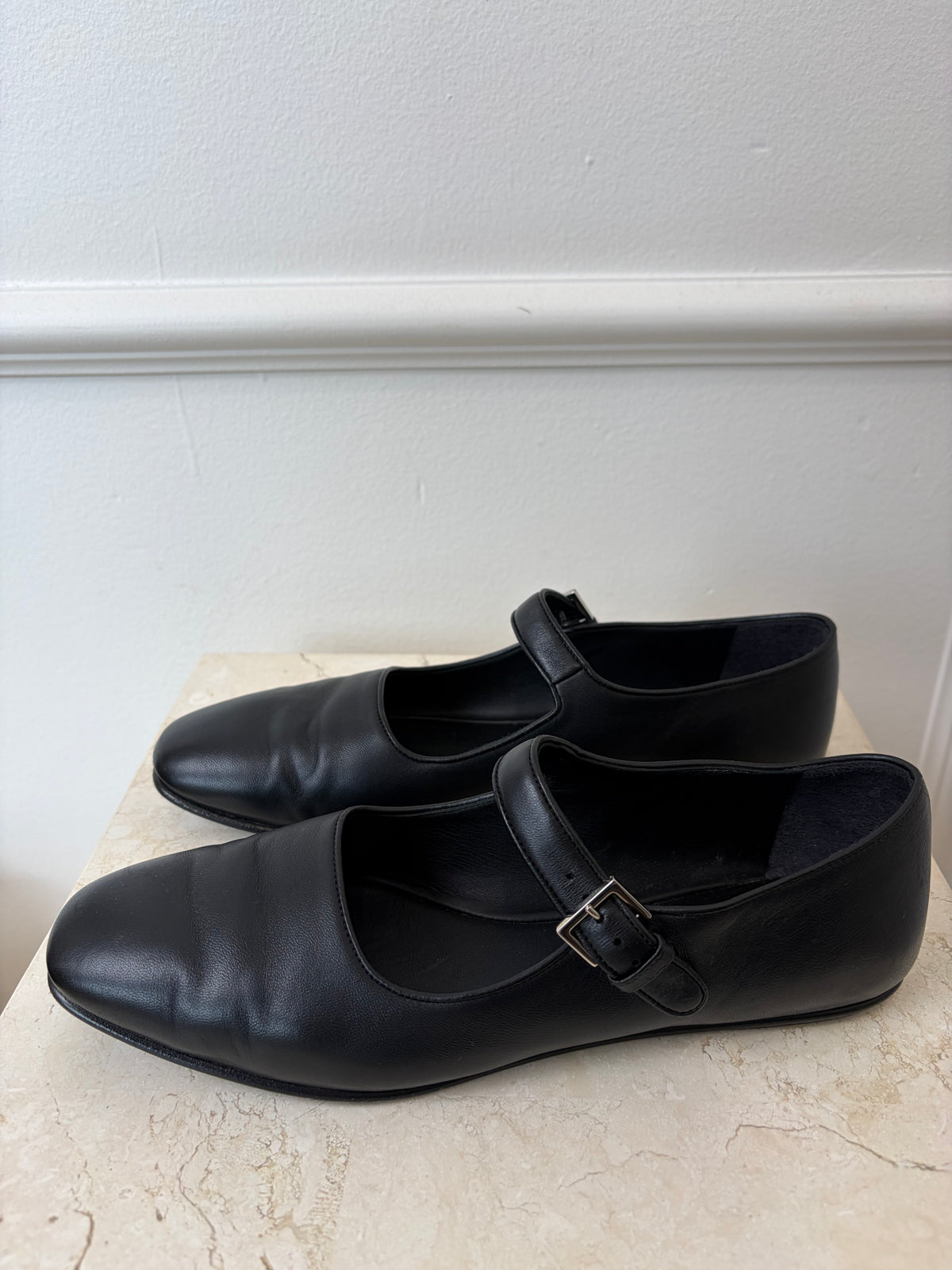 The Row Black Leather Mary Jane Flats, 37.5