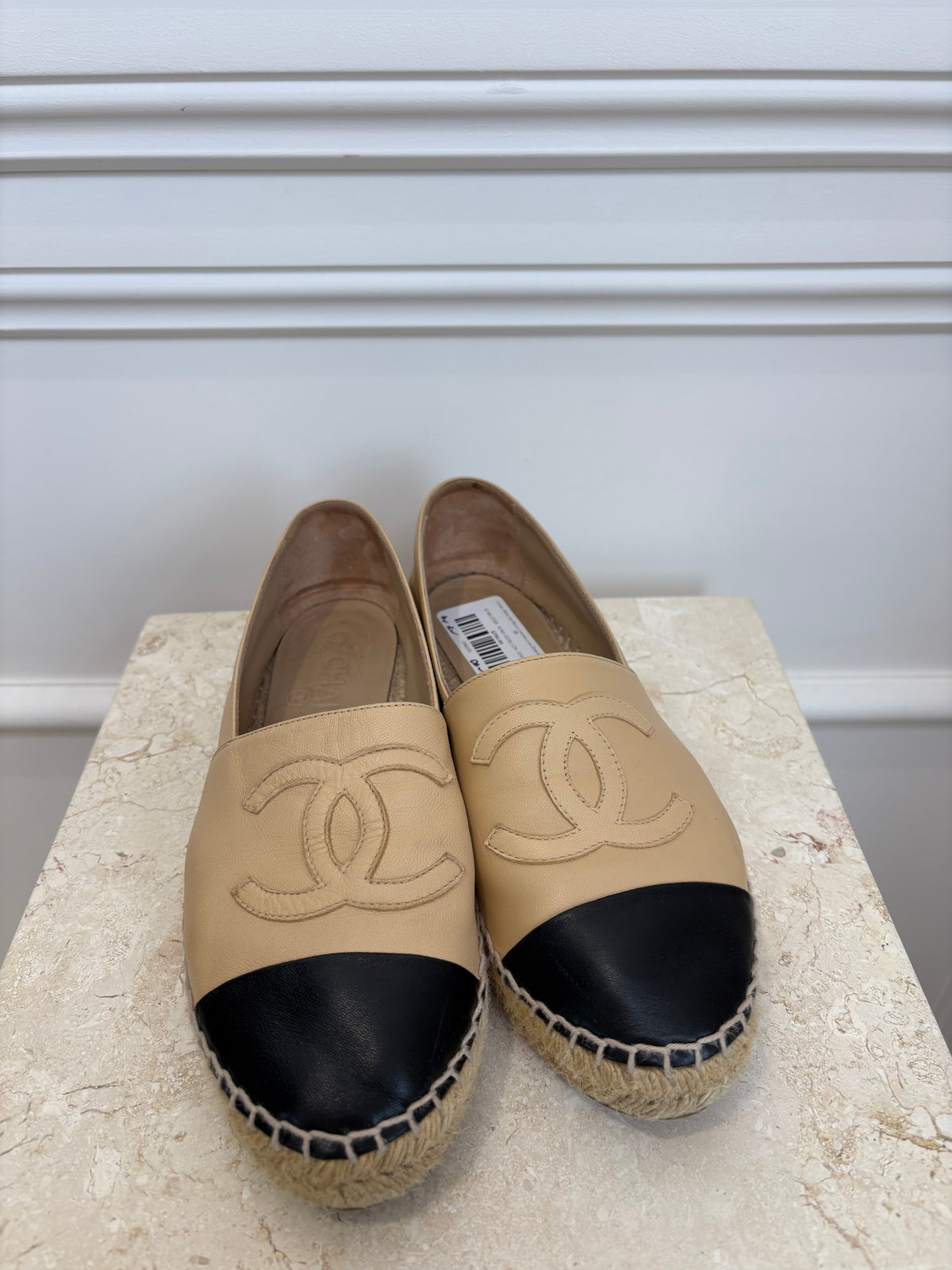 Chanel Beige and Black Leather Logo Espadrilles, 38