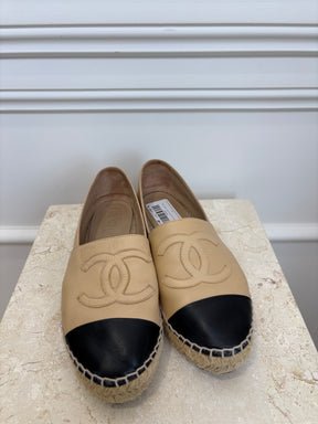 Chanel Beige and Black Leather Logo Espadrilles, 38