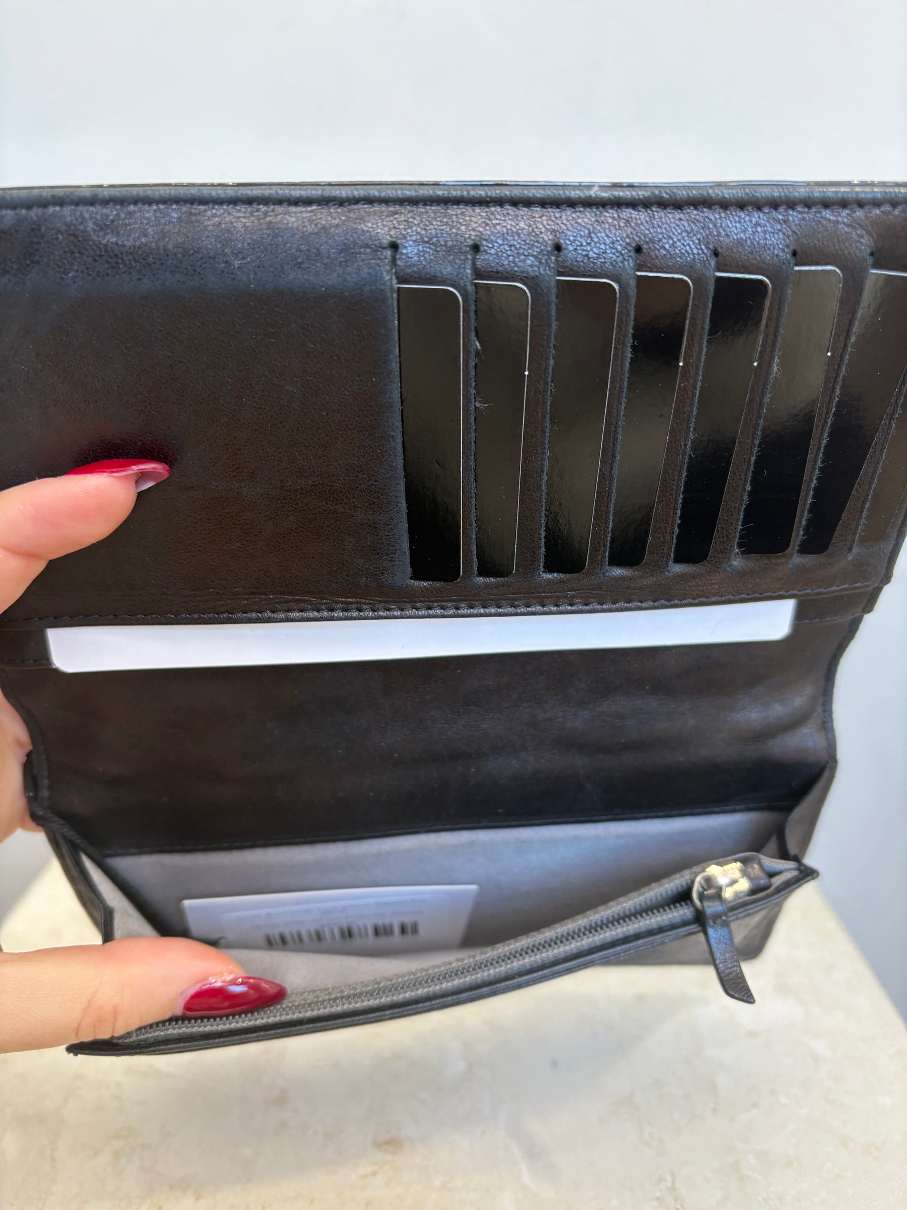 Chanel Black Patent 'Lucky Symbols' Embossed Flap Wallet