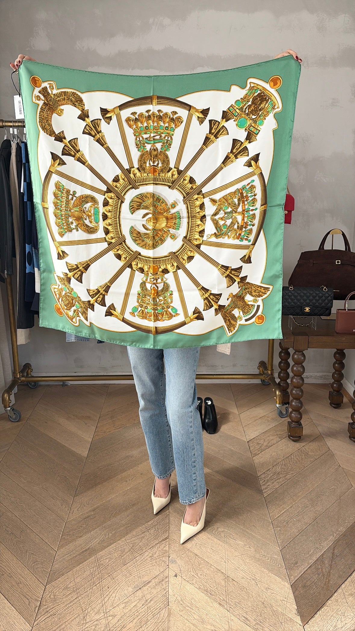 Hermès Green, Cream and Gold 'Egypte Caty' Printed Silk Scarf