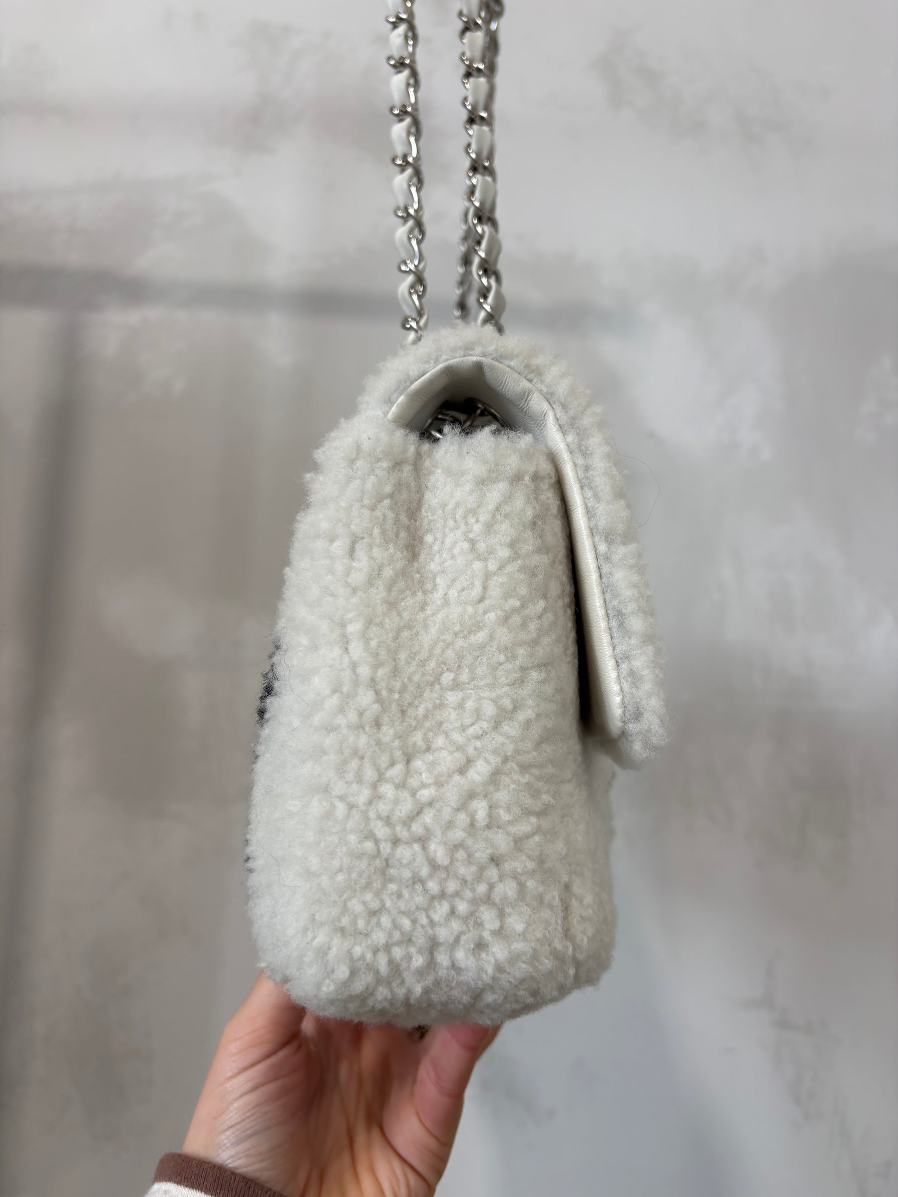 Chanel White and Black Floral Logo Medium Shearling Flap Bag