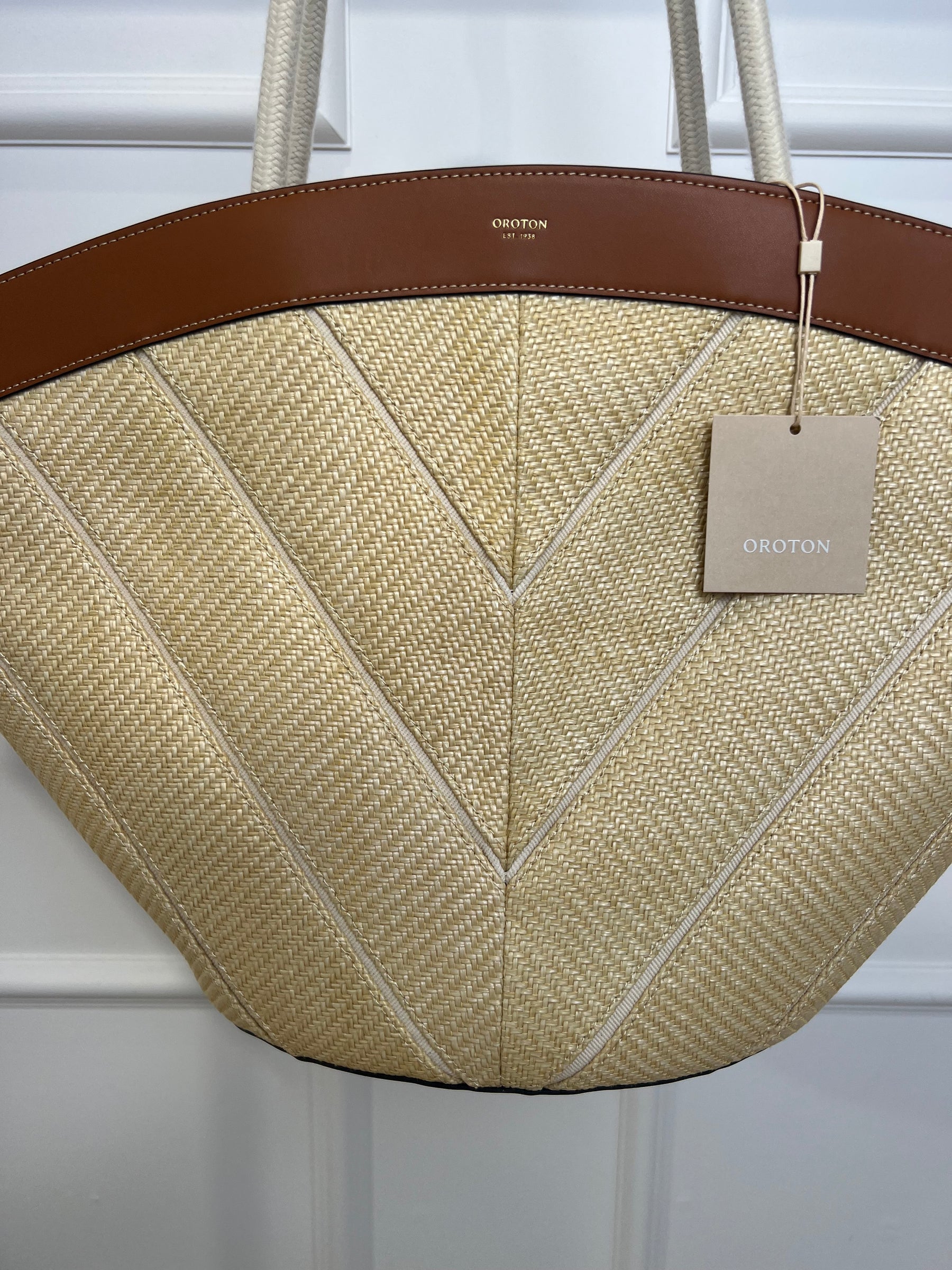 Oroton Straw Chevron Leather Trimmed Tote Bag