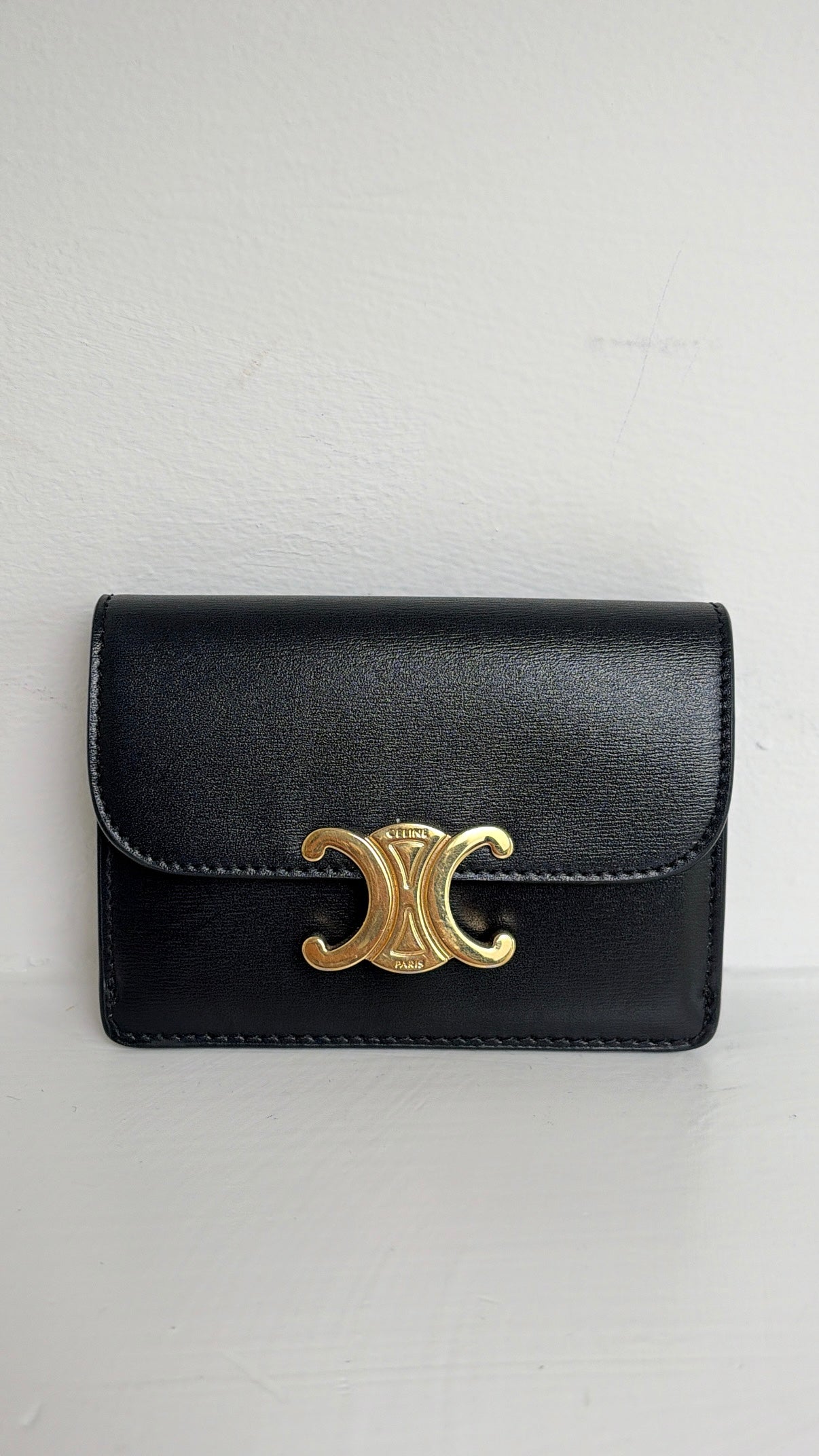 Celine Black Leather Triomphe Flap Cardholder