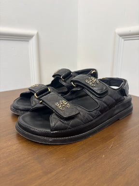 Chanel Black Caviar Leather Dad Sandals, 37.5 C