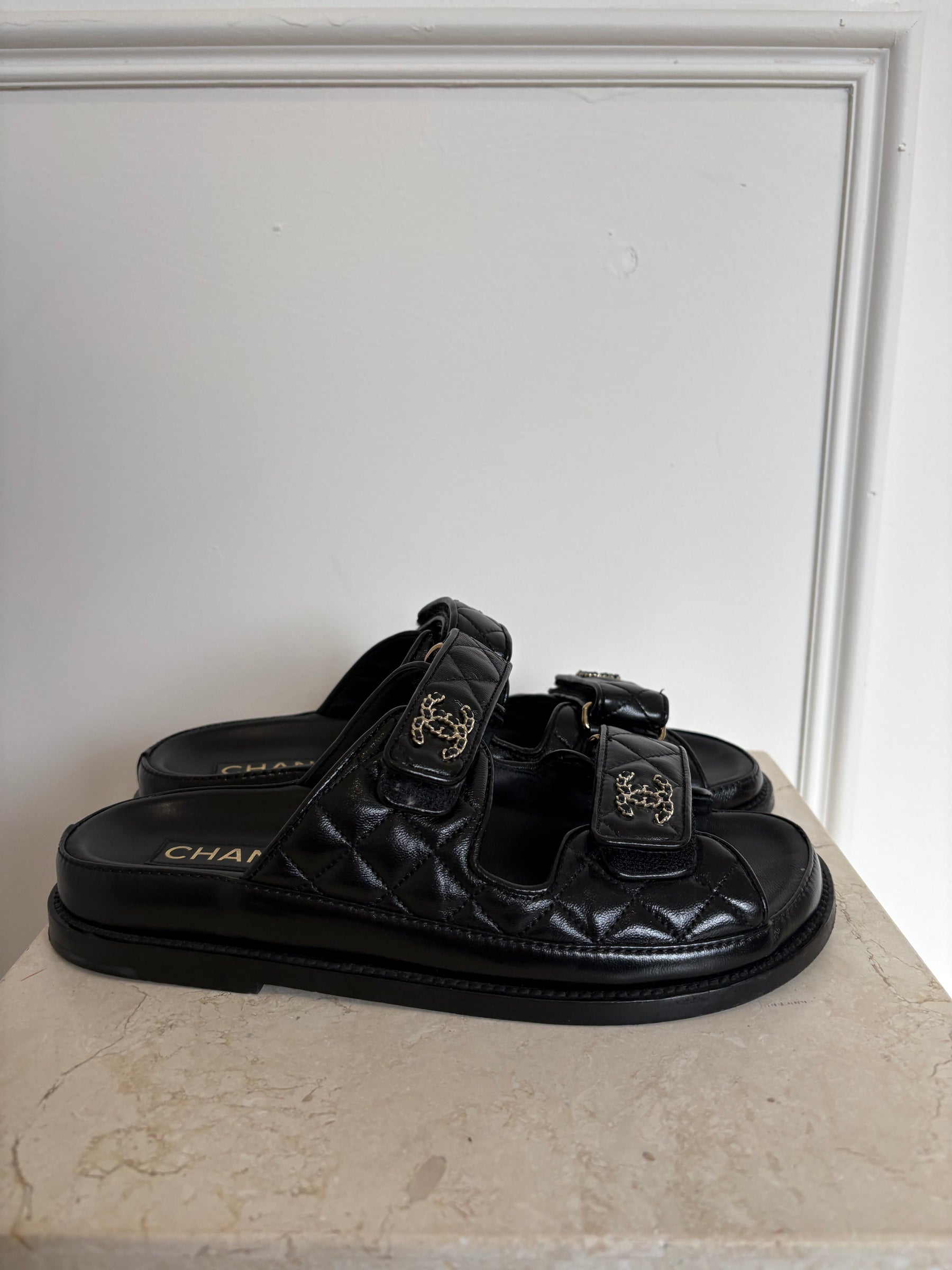 Chanel Black Quilted Leather Dad Sandal Slides, 38C