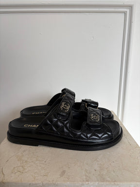 Chanel Black Quilted Leather Dad Sandal Slides, 38C