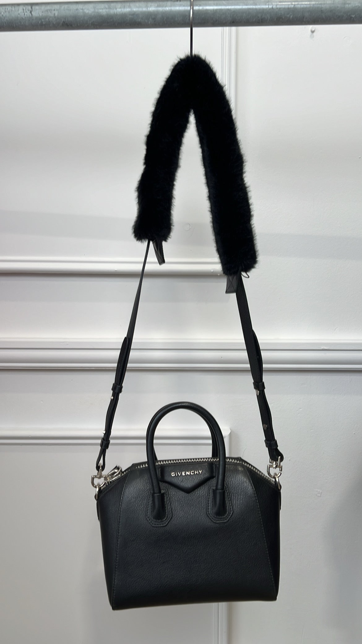 Givenchy Black Leather Mini Antigona with Faux Fur Logo Strap