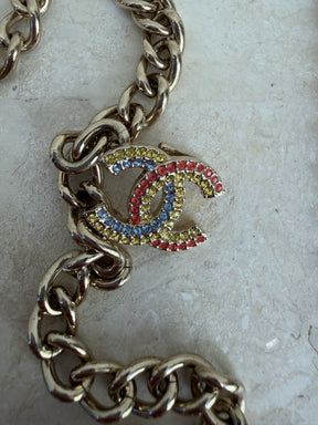Chanel Champagne Chain Multi Crystal Logo Drop Necklace