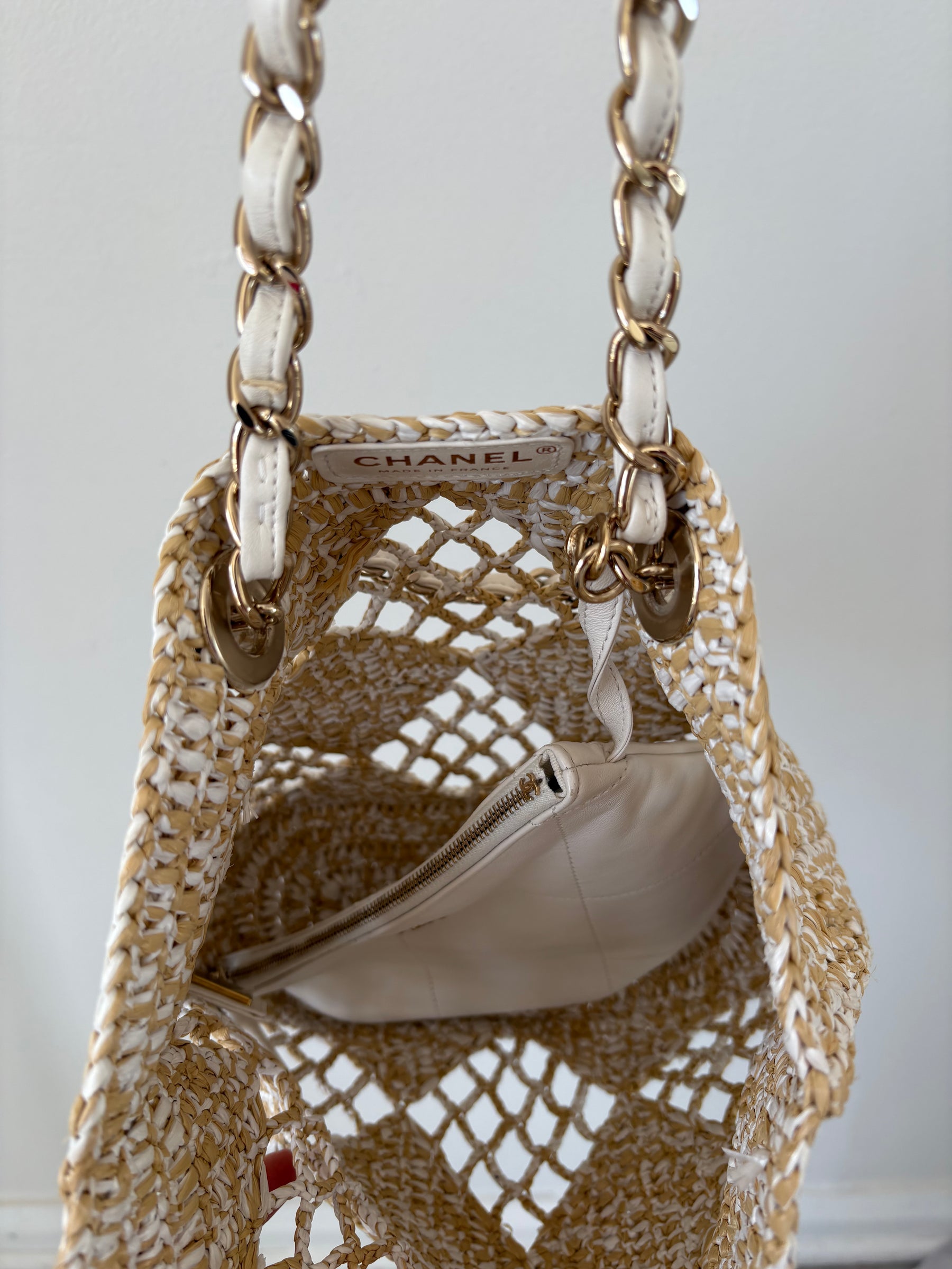 Chanel Natural and White Raffia Chain Leather Tote Bag