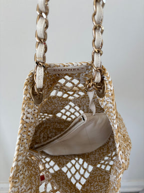 Chanel Natural and White Raffia Chain Leather Tote Bag