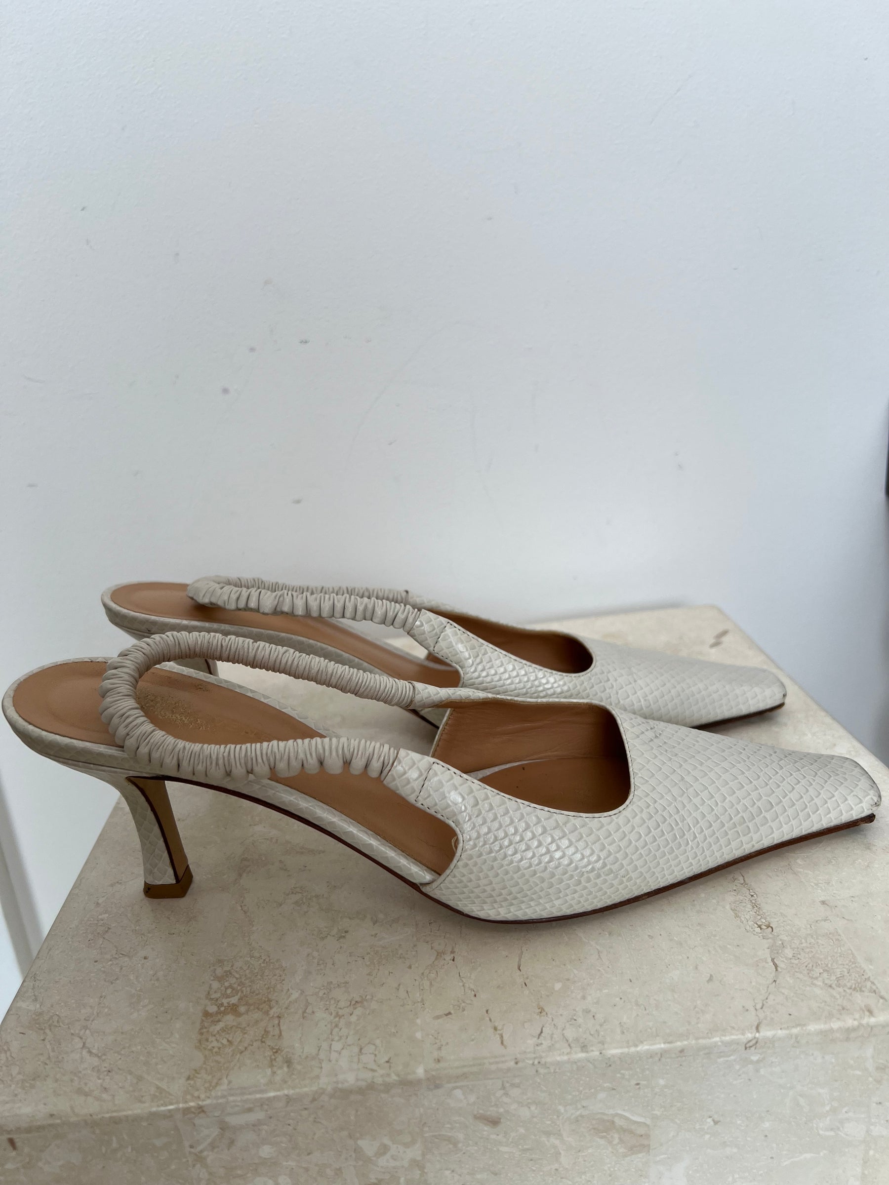 Bottega Veneta Cream Reptile Embossed Slingback Heels, 39