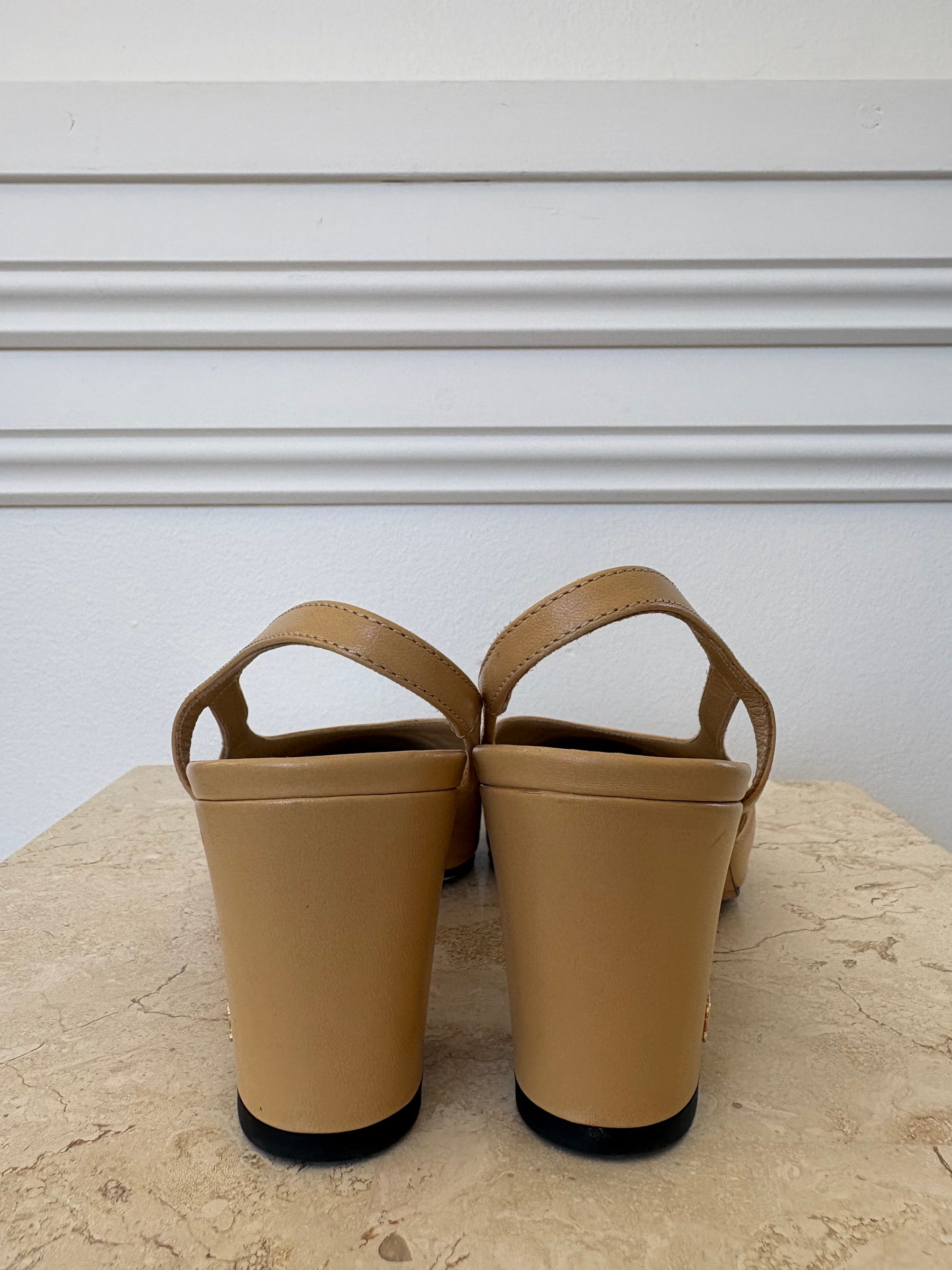 Chanel Beige Leather and Black Grosgrain Slingbacks, 36C