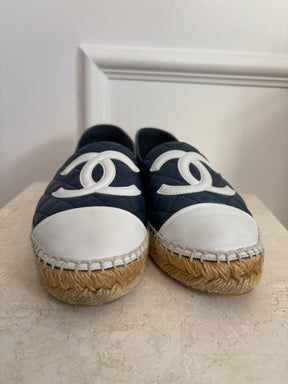 Chanel Navy and White Quilted Logo Espadrilles, 38
