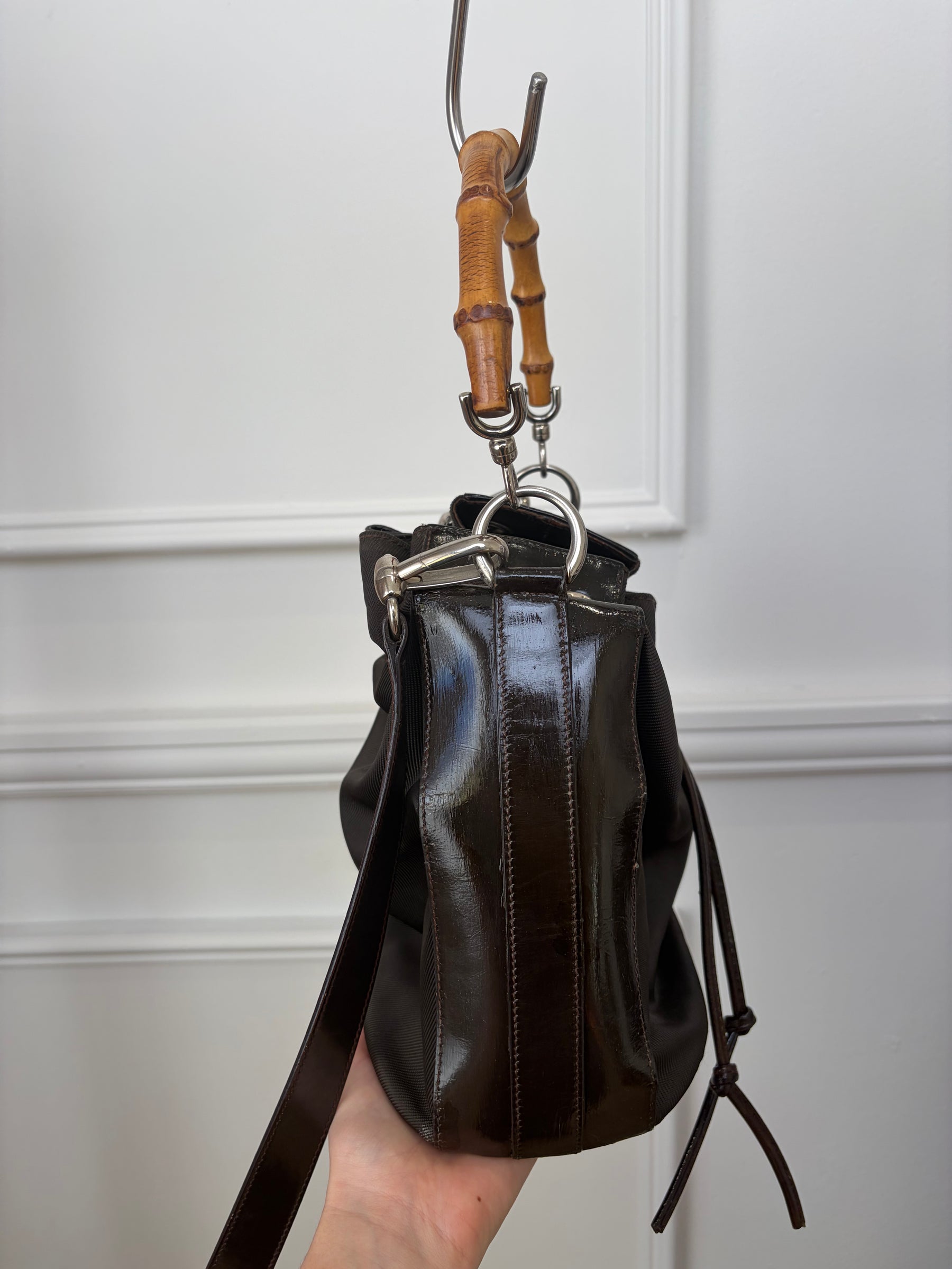 Gucci Vintage Bamboo Nylong Leather Bucket Bag, 8 AU